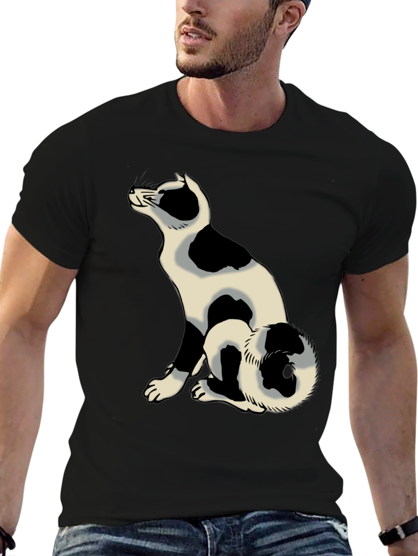 Black Tee with Spotted Cat Design