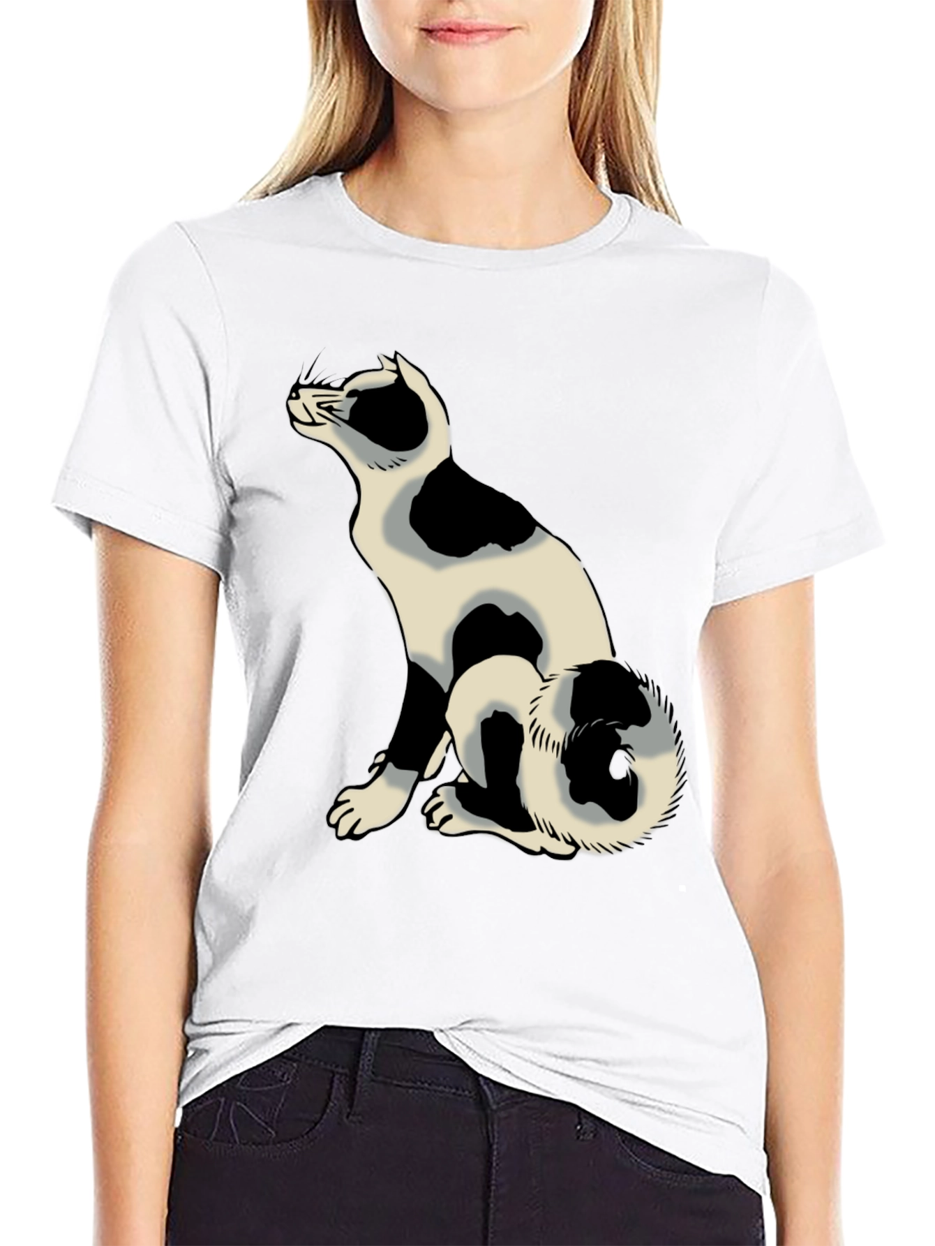 Black Tee with Spotted Cat Design