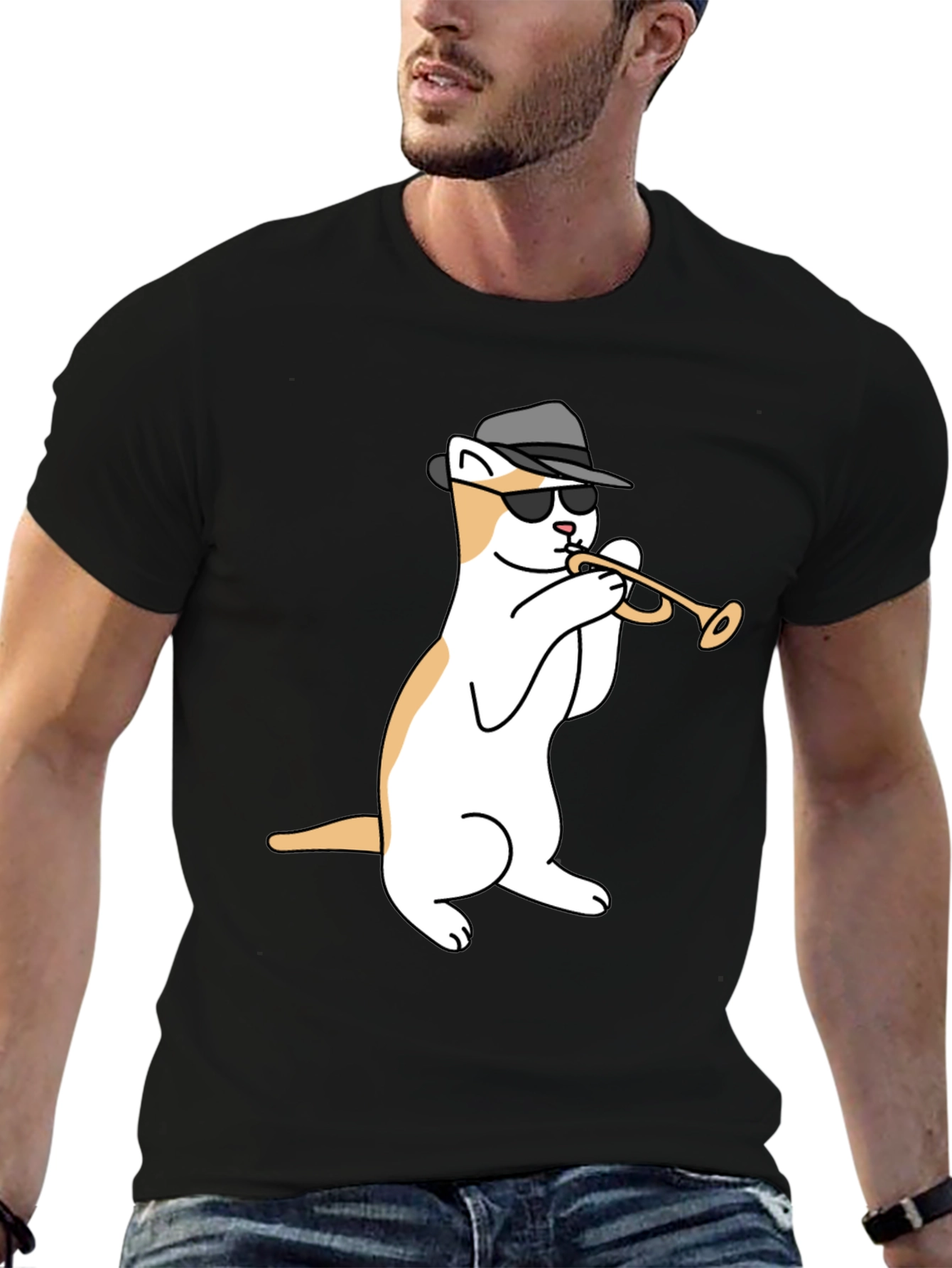 Cool Cat Trumpet Player Graphic T-Shirt