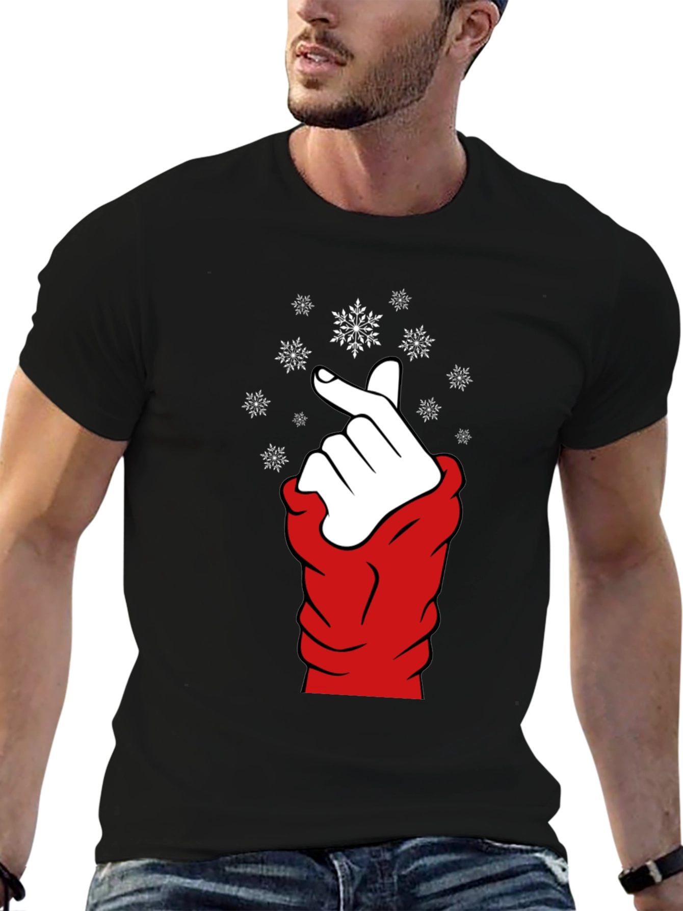 Heart Finger Snowflake Graphic Black T-Shirt