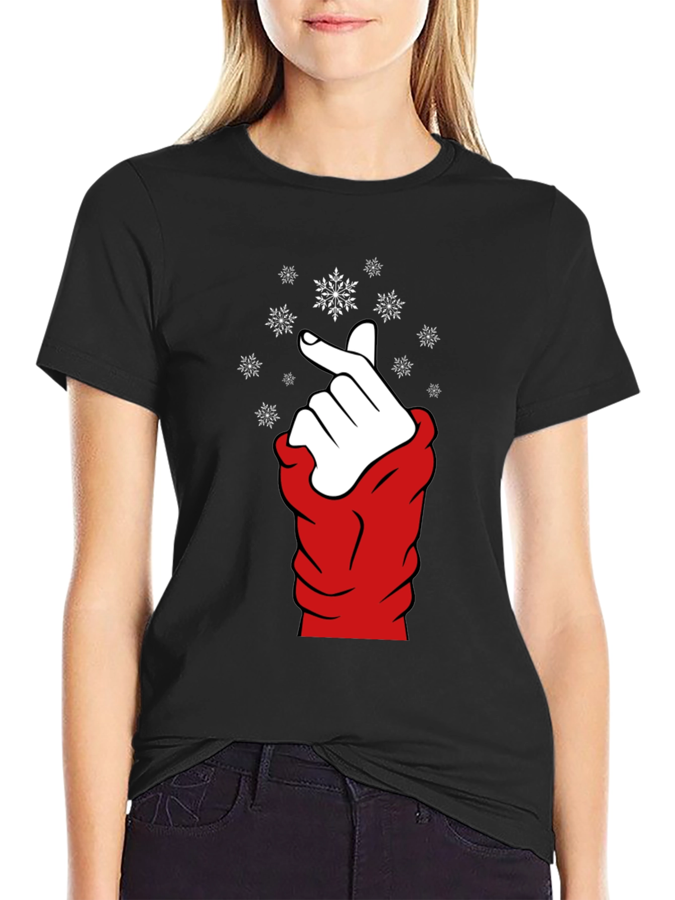Heart Finger Snowflake Graphic Black T-Shirt