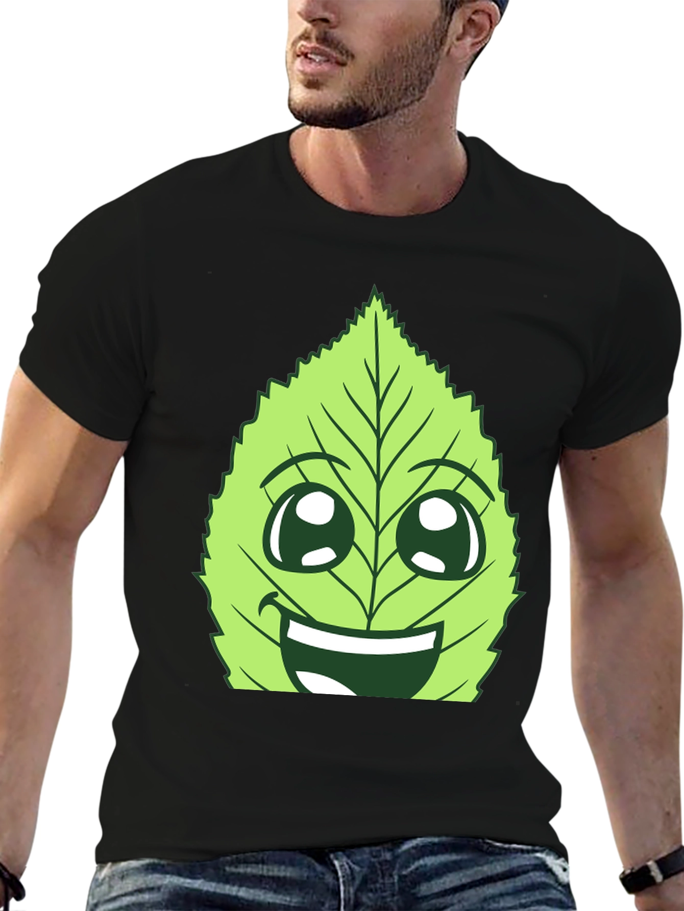 Funny Leaf Face Graphic T-Shirt - Black Cotton Tee