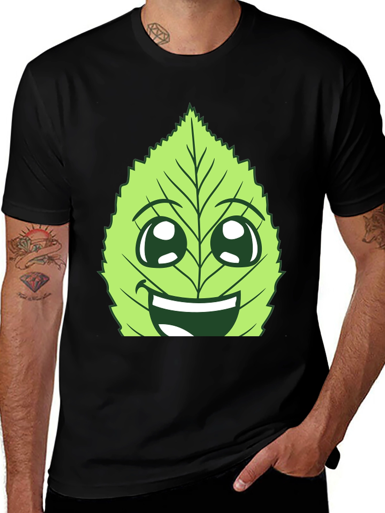 Funny Leaf Face Graphic T-Shirt - Black Cotton Tee