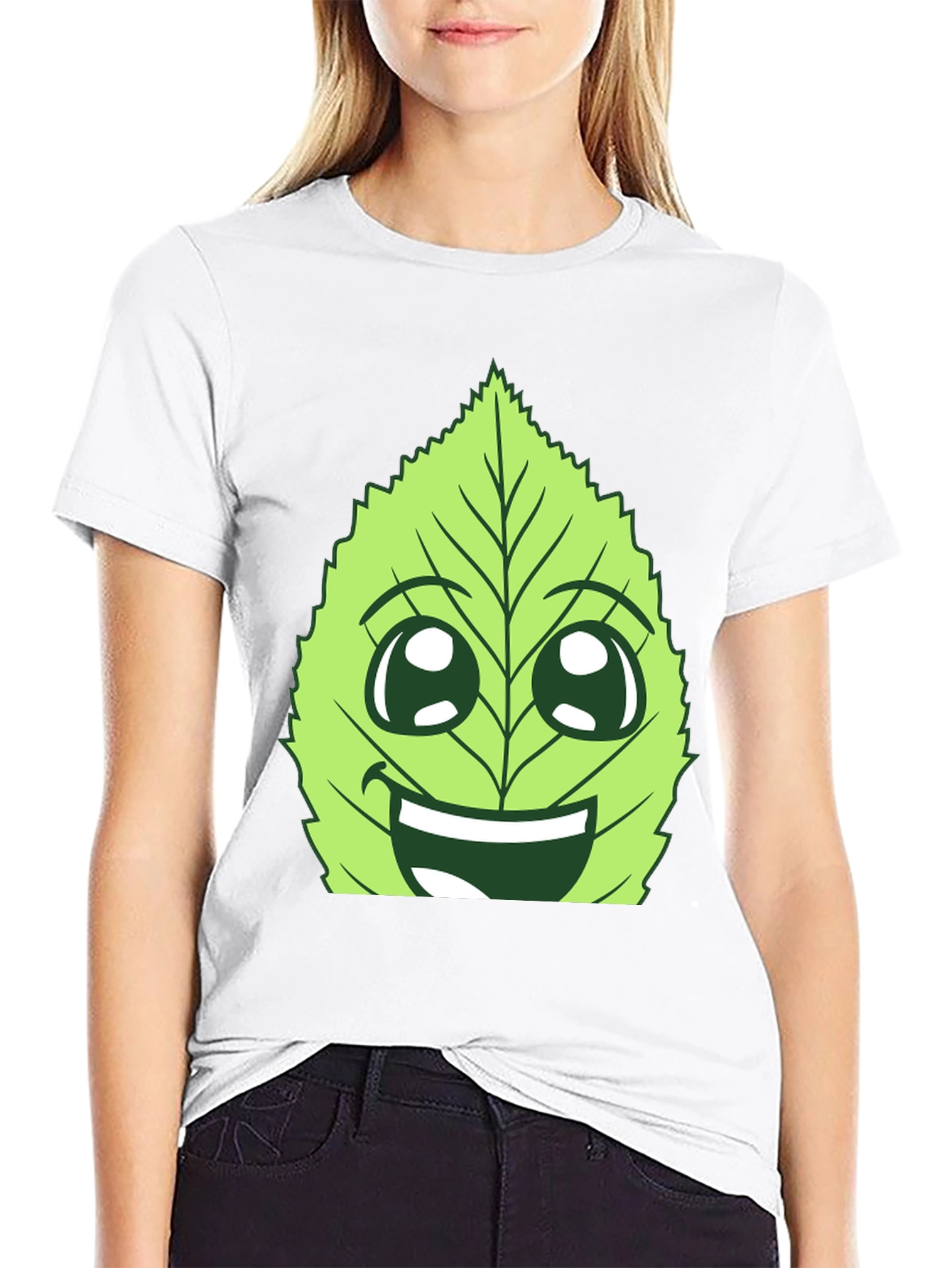 Funny Leaf Face Graphic T-Shirt - Black Cotton Tee