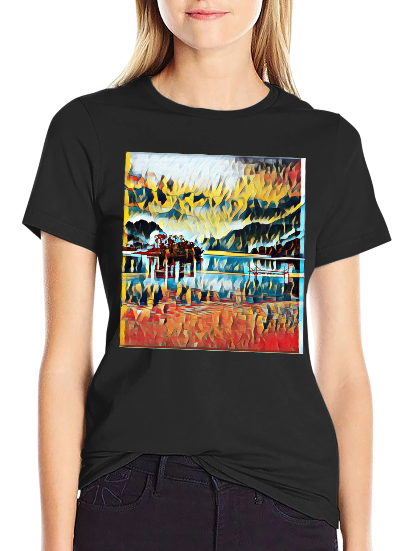 Abstract Landscape Print Black T-Shirt