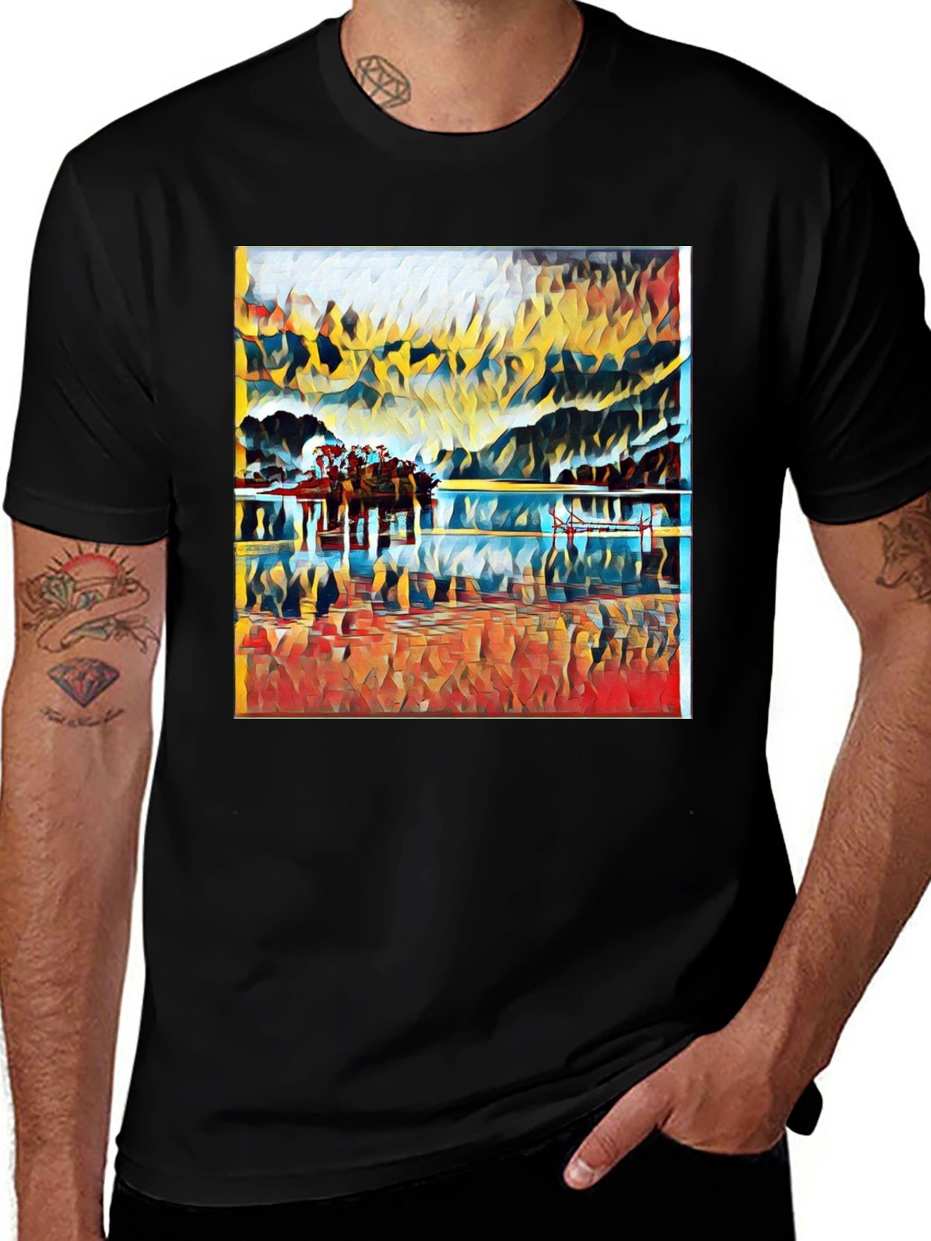 Abstract Landscape Print Black T-Shirt