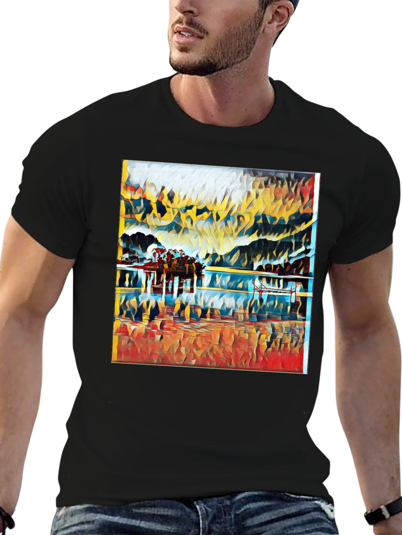 Abstract Landscape Print Black T-Shirt