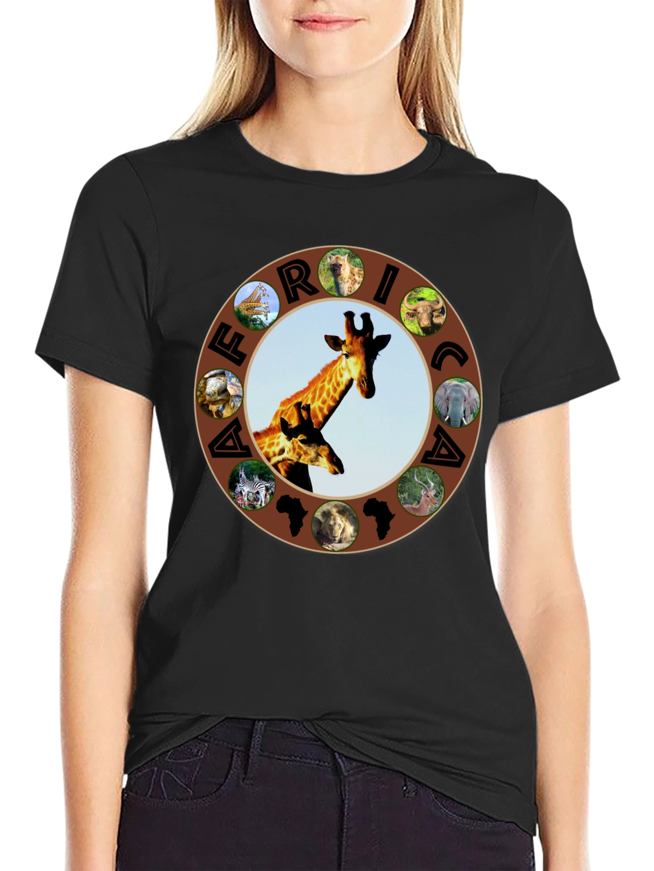 Africa Animals Graphic Tee - Black Crew Neck T-Shirt