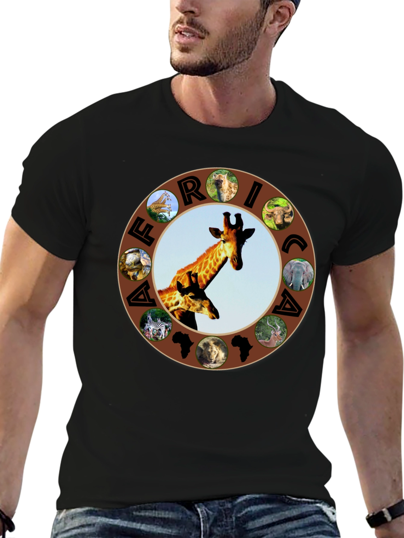 Africa Animals Graphic Tee - Black Crew Neck T-Shirt