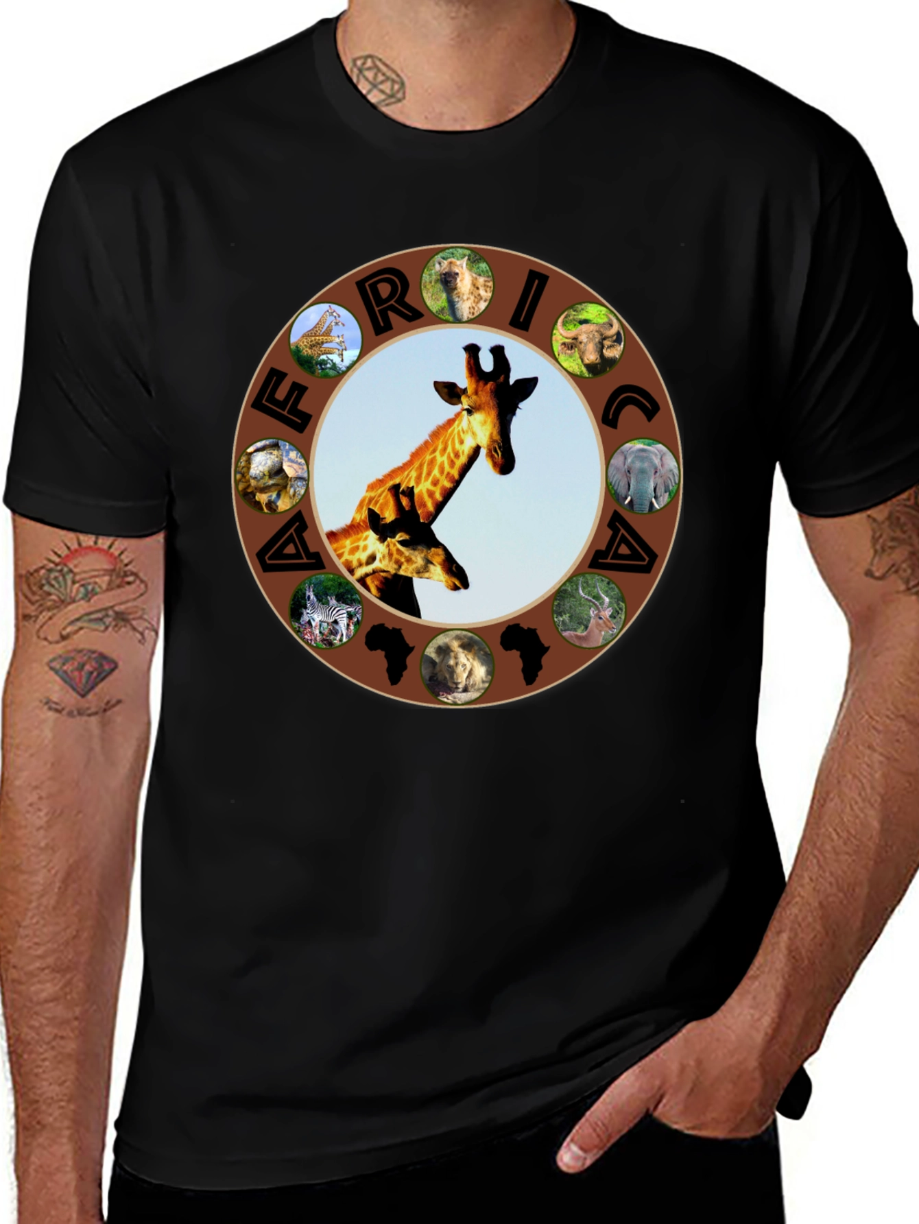 Africa Animals Graphic Tee - Black Crew Neck T-Shirt