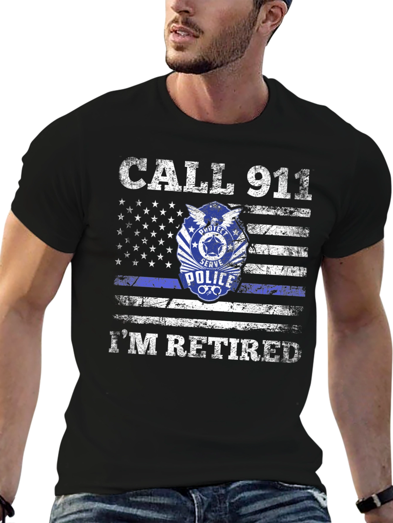 Retired Police American Flag Graphic T-Shirt