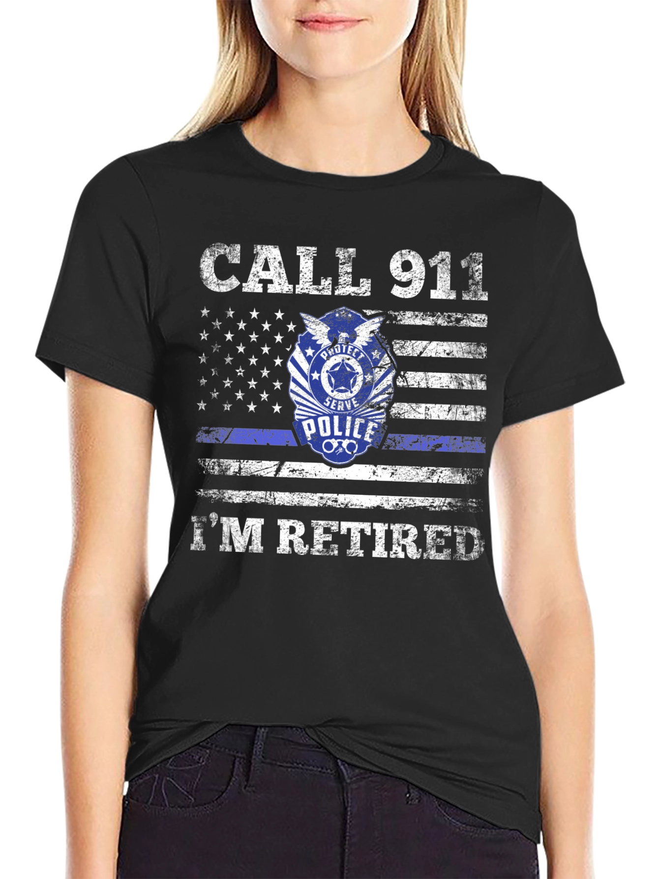 Retired Police American Flag Graphic T-Shirt
