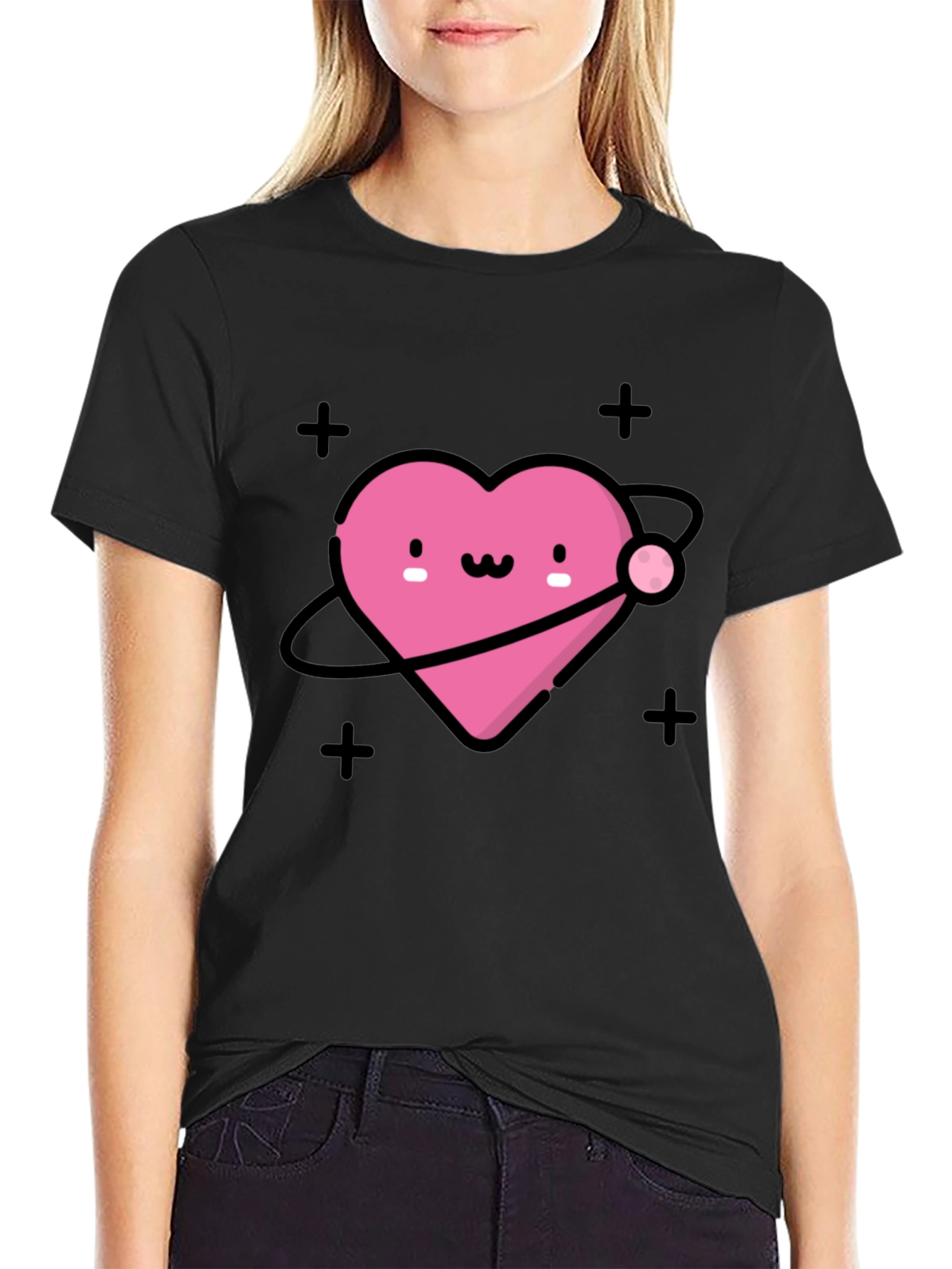 Cute Heart Planet Black T-Shirt
