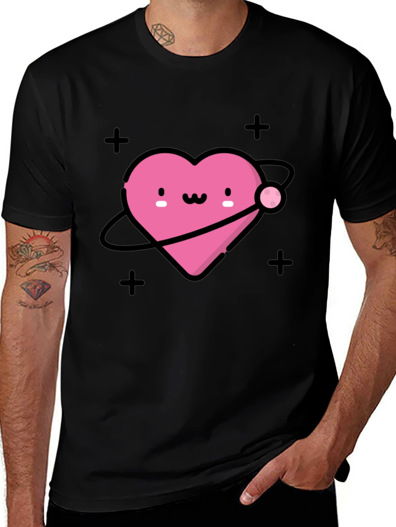 Cute Heart Planet Black T-Shirt