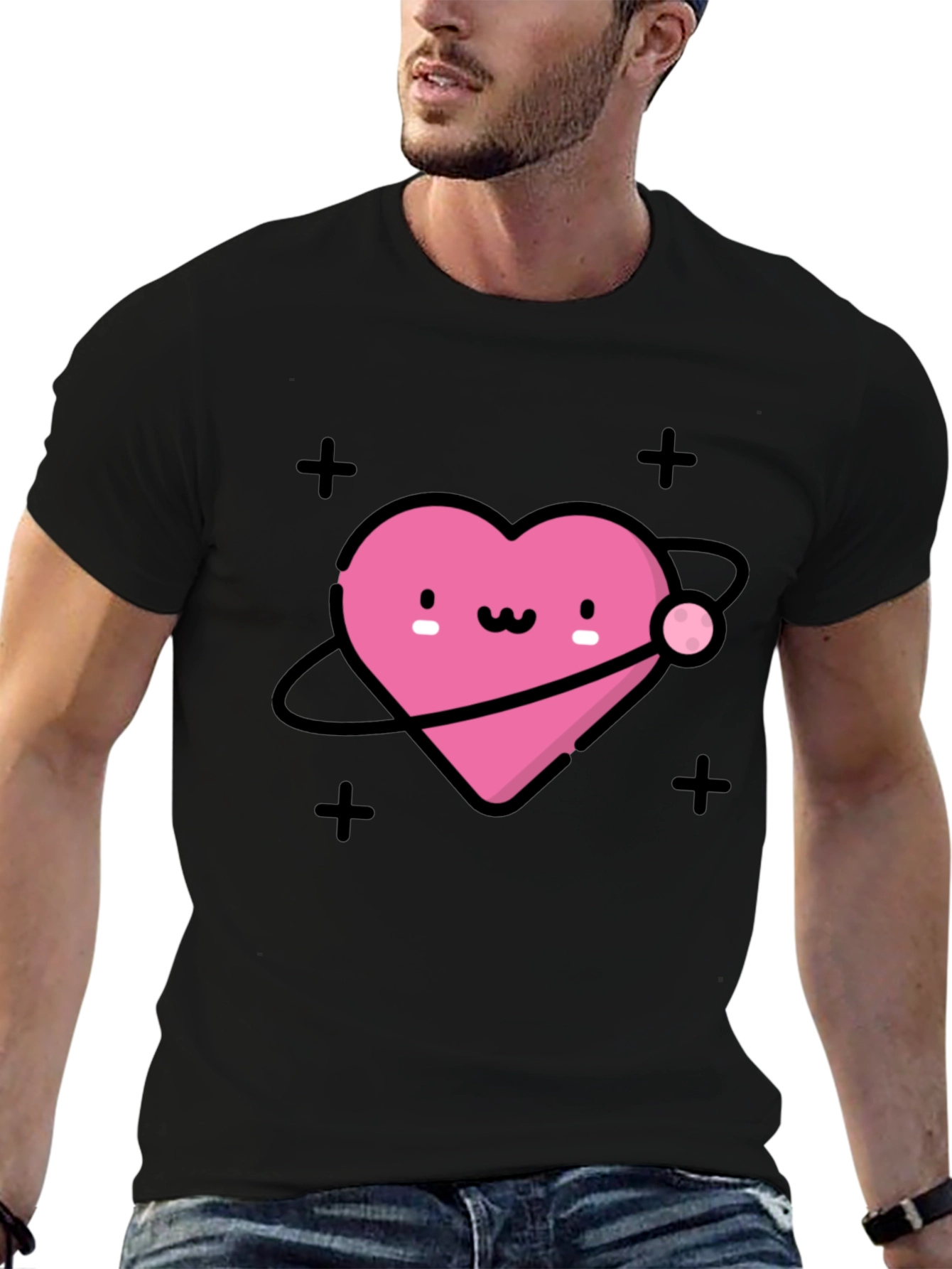 Cute Heart Planet Black T-Shirt