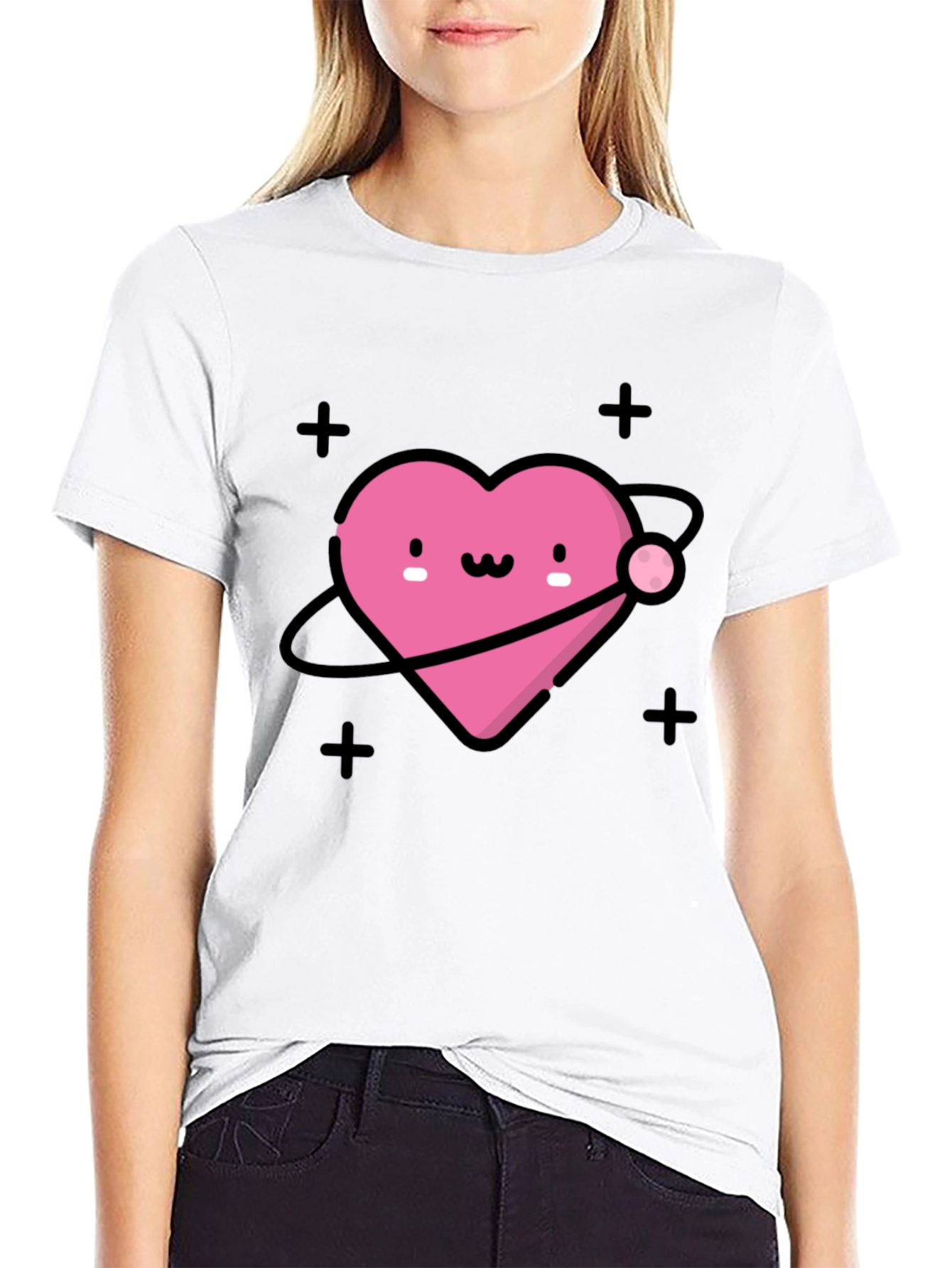 Cute Heart Planet Black T-Shirt
