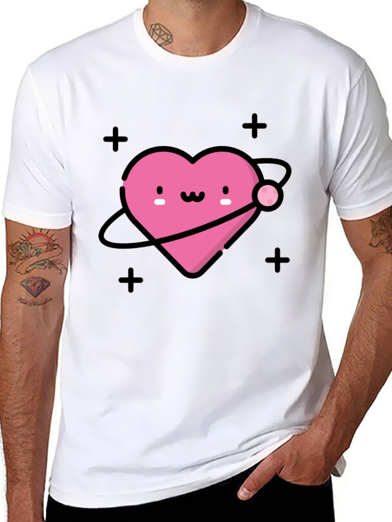 Cute Heart Planet Black T-Shirt