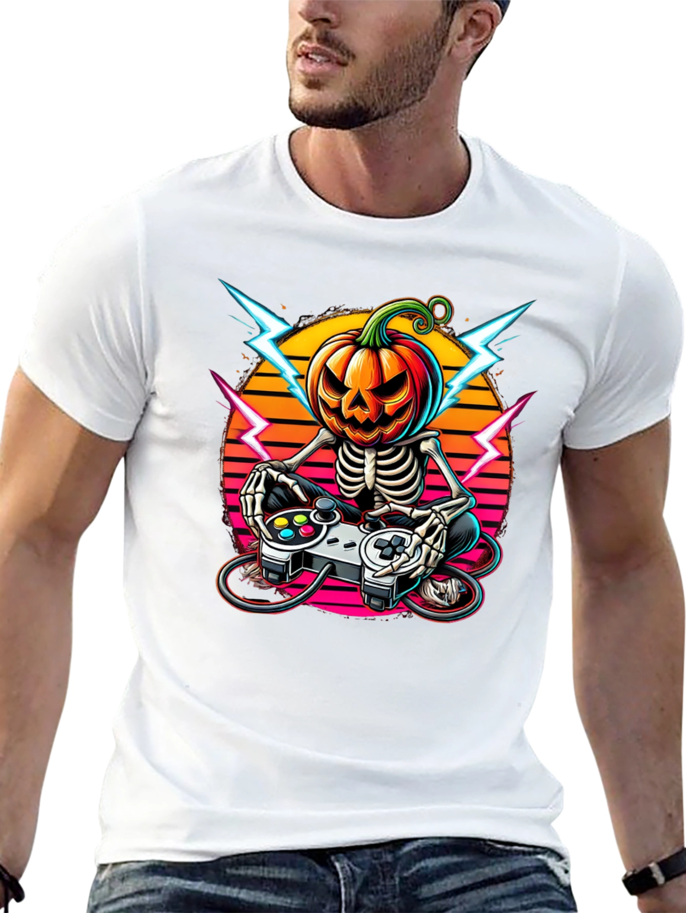 Halloween Gamer Skeleton Pumpkin Head T-Shirt