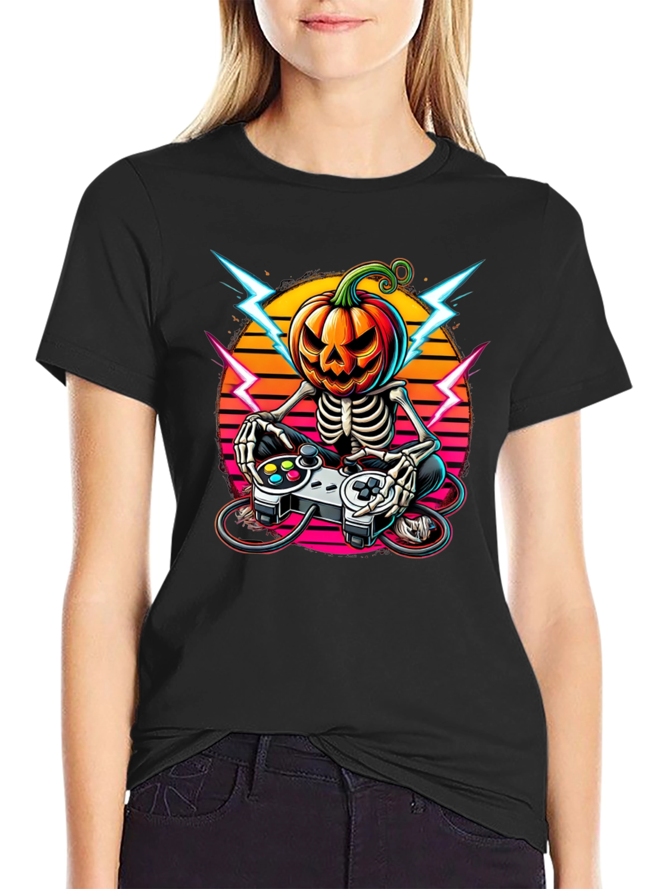 Halloween Gamer Skeleton Pumpkin Head T-Shirt