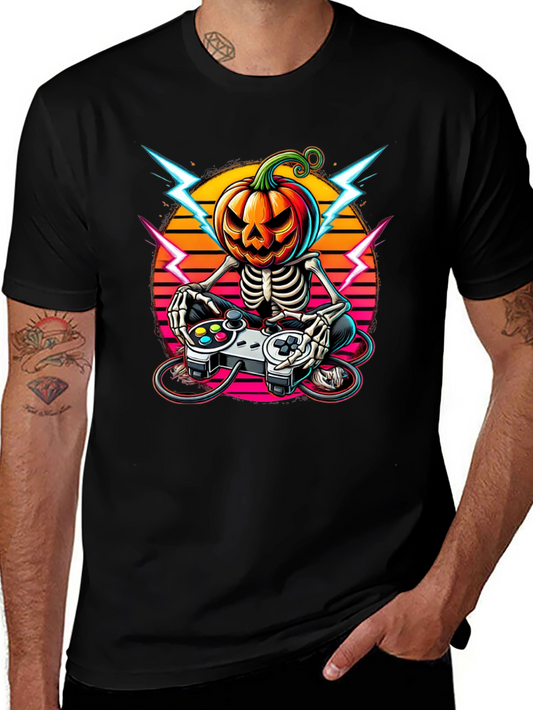 Halloween Gamer Skeleton Pumpkin Head T-Shirt