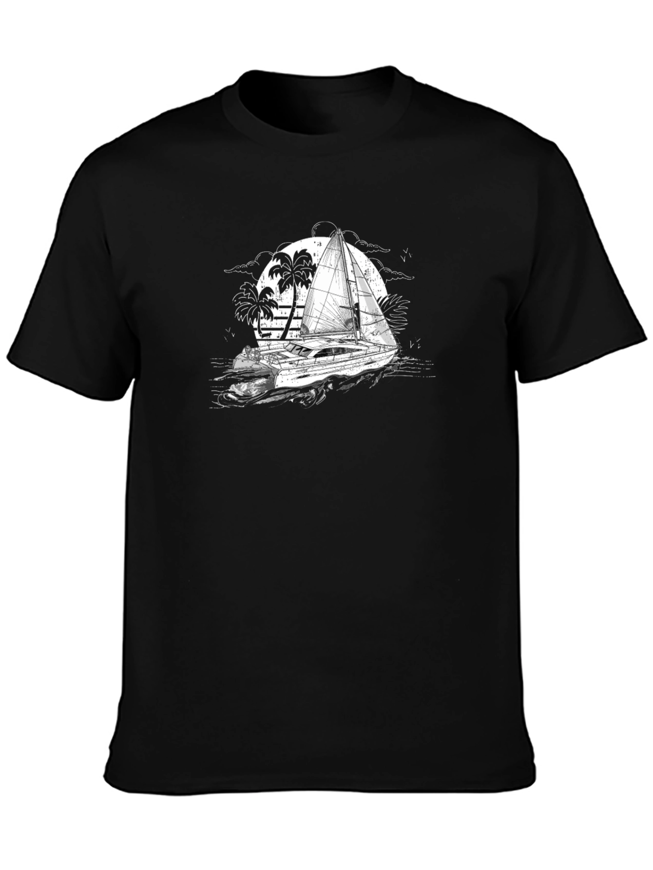 Black T-Shirt with Sailing Boat Graphic
