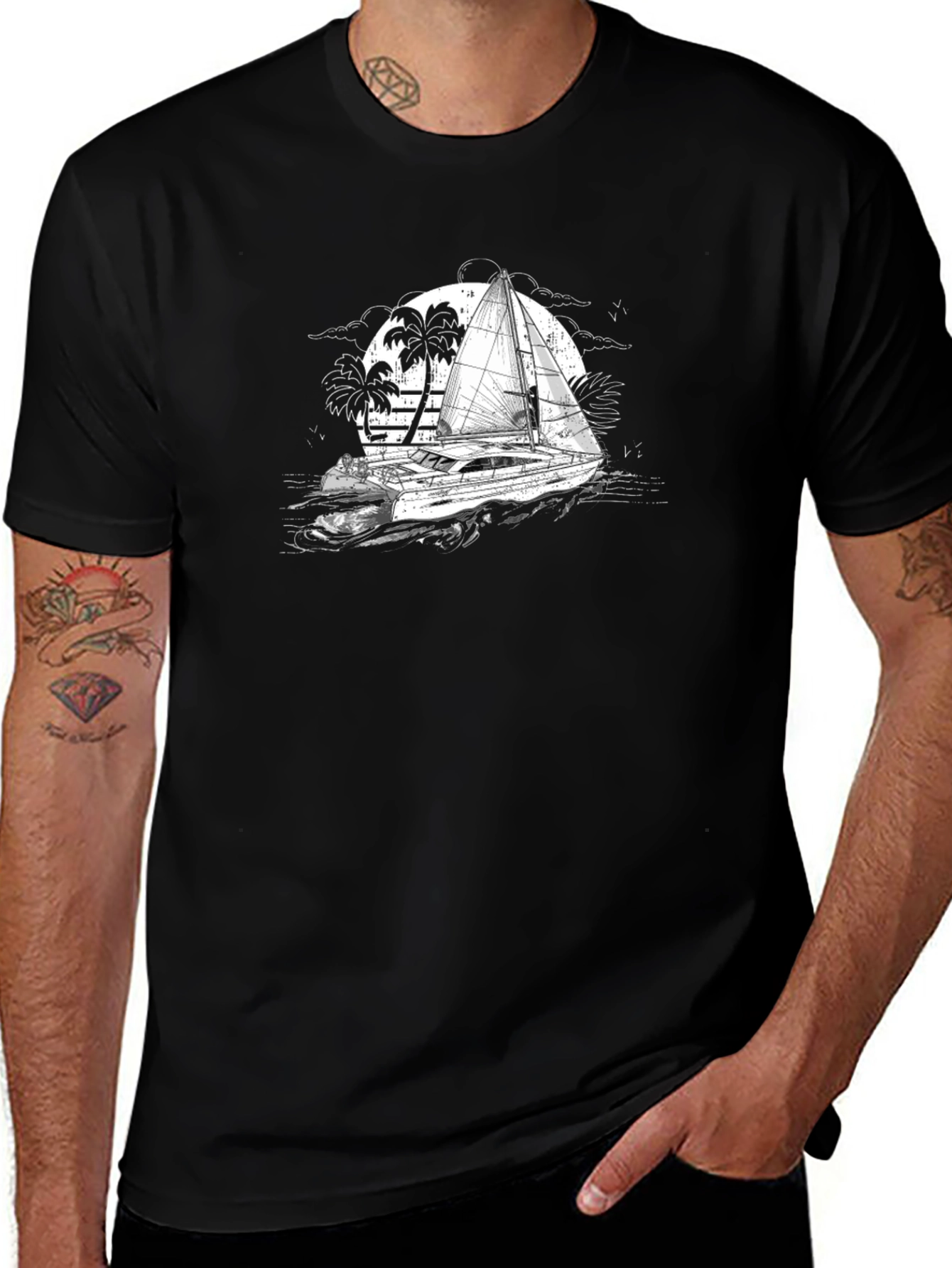 Black T-Shirt with Sailing Boat Graphic