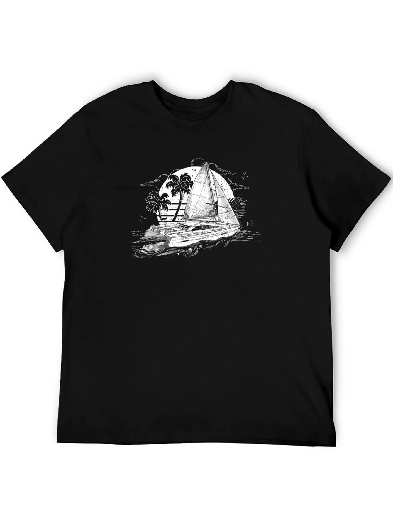 Black T-Shirt with Sailing Boat Graphic