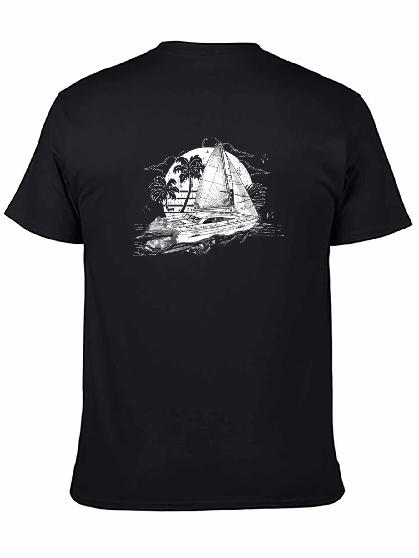 Black T-Shirt with Sailing Boat Graphic