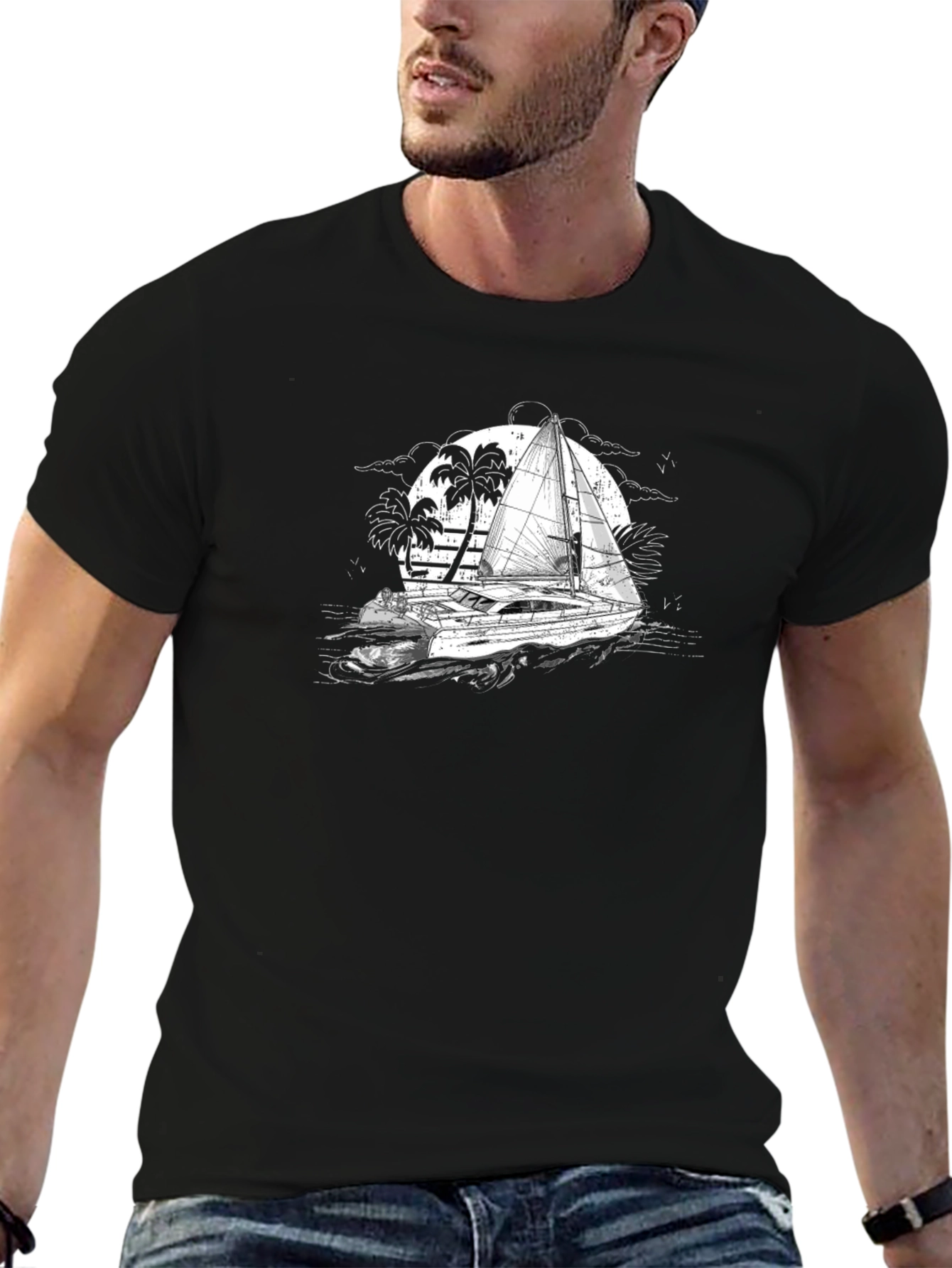 Black T-Shirt with Sailing Boat Graphic