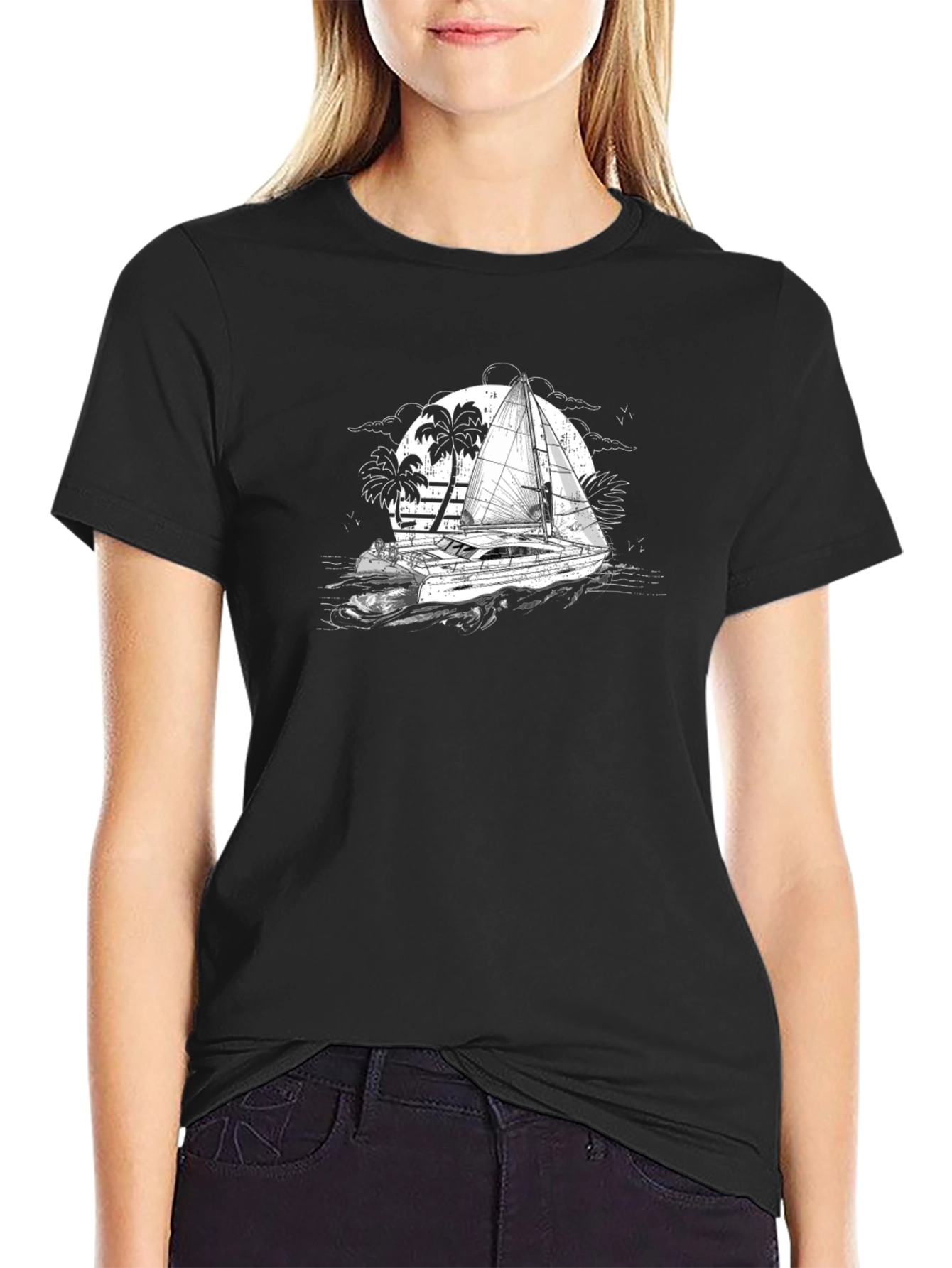 Black T-Shirt with Sailing Boat Graphic