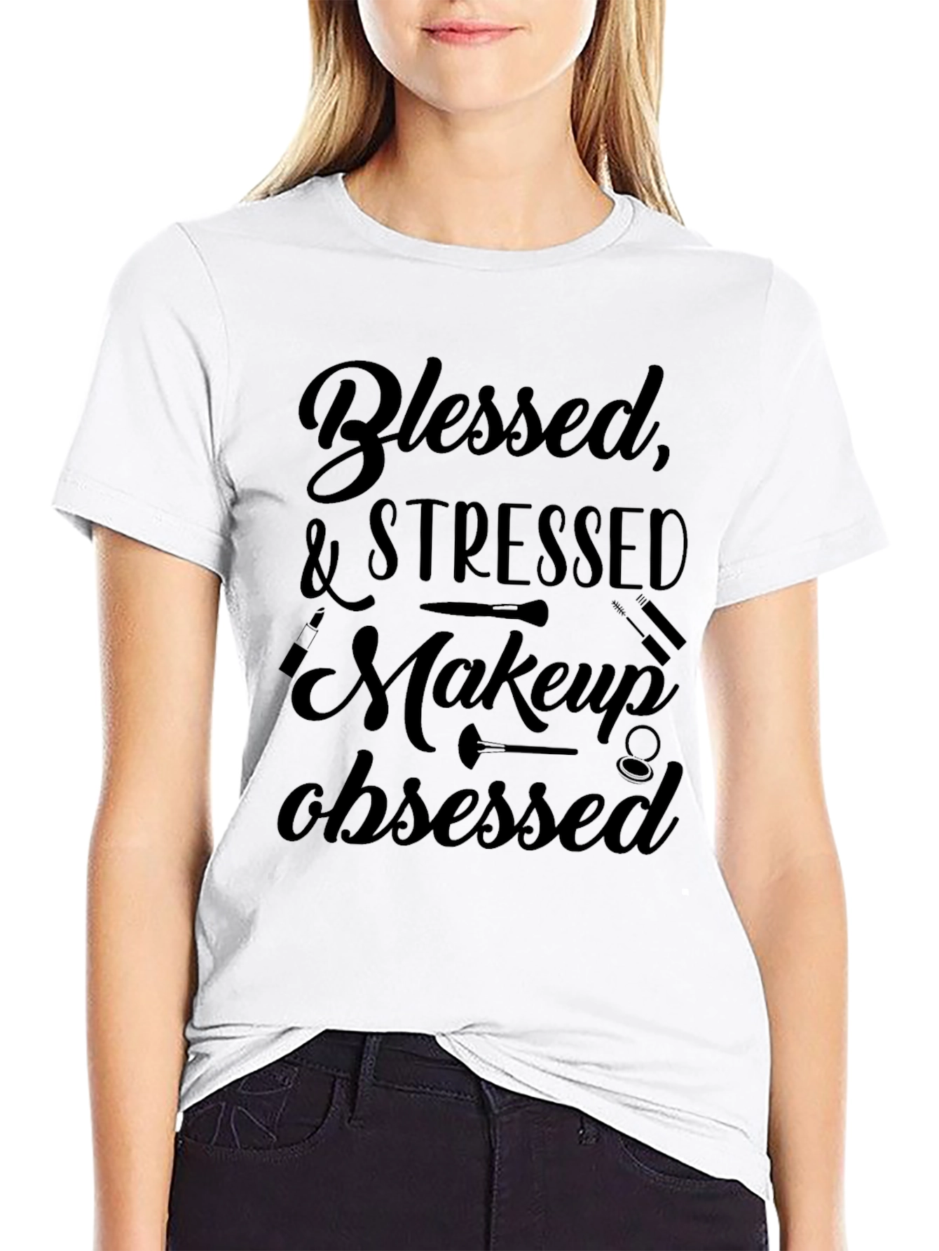 Blessed Stressed Makeup Obsessed Black Graphic Tee