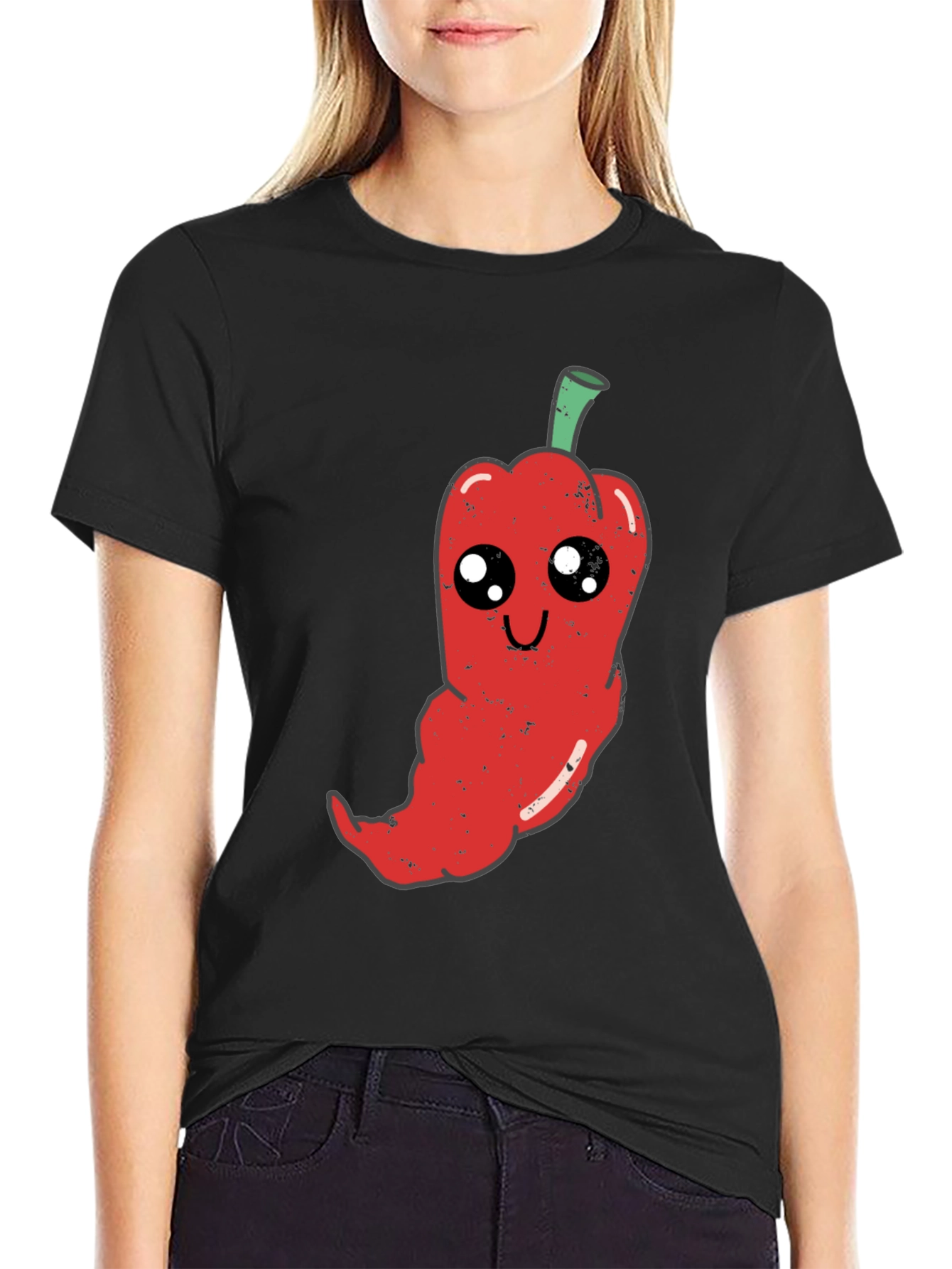 Kawaii Pepper Graphic Tee - Soft Black Cotton T-Shirt
