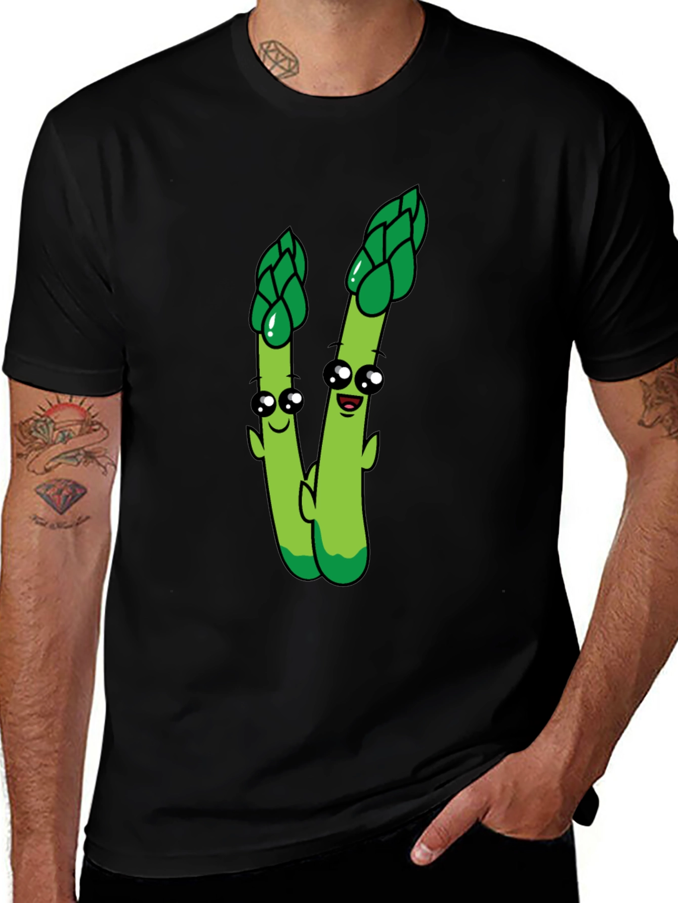 Cartoon Asparagus Graphic Tee - Black