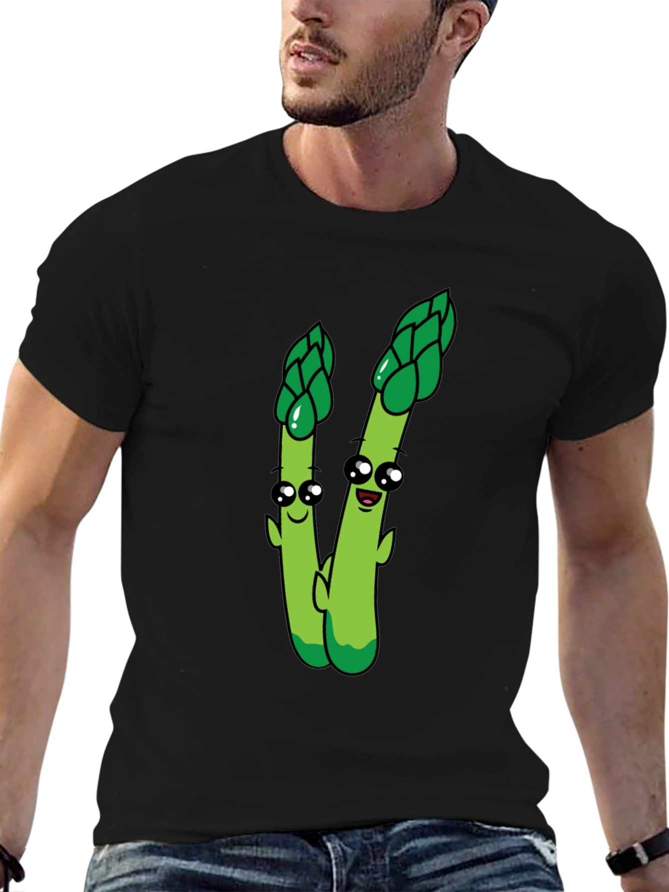 Cartoon Asparagus Graphic Tee - Black
