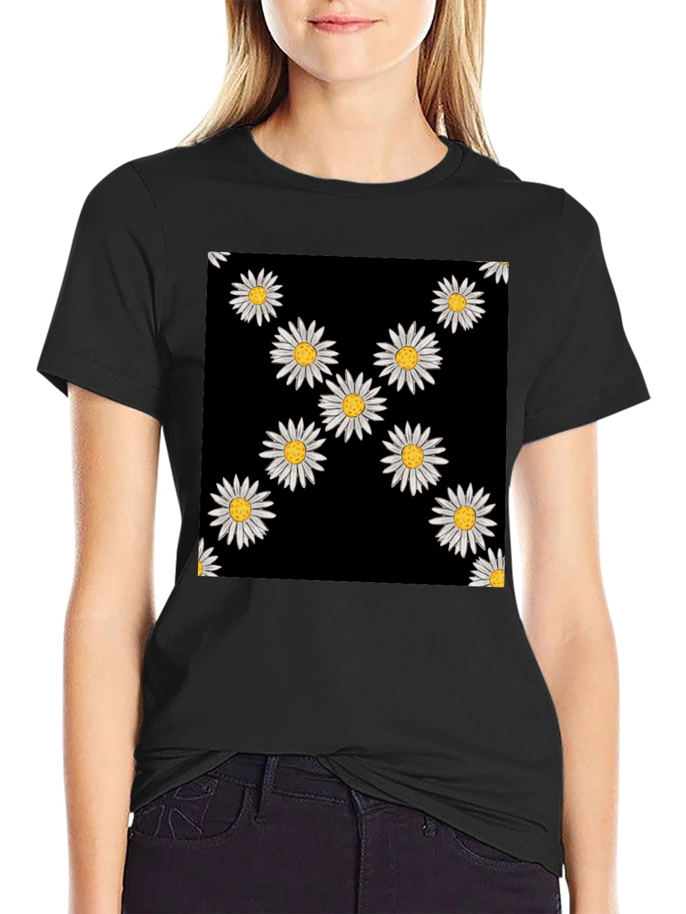 Daisy Print Black T-Shirt
