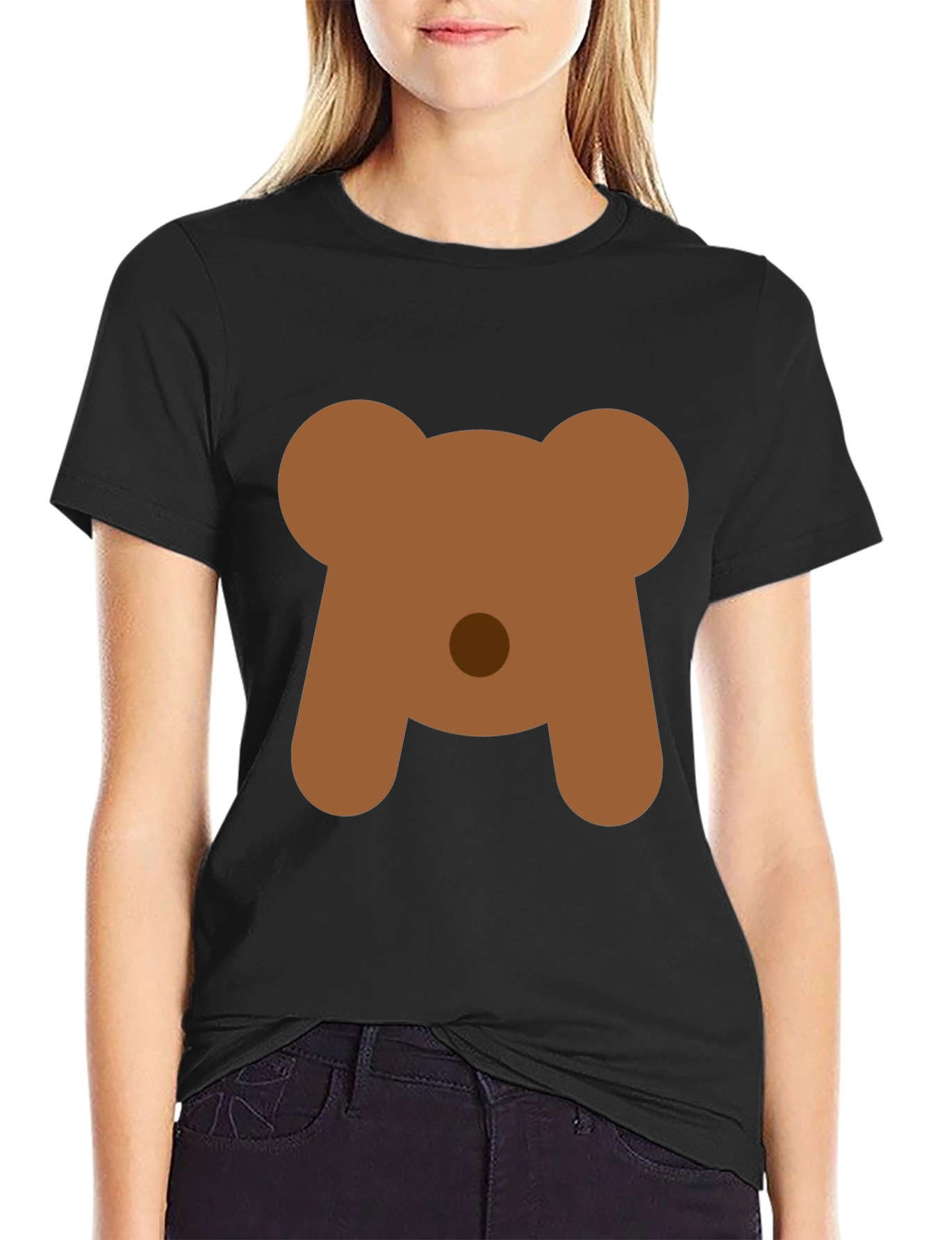Cute Bear Face Graphic Tee - Black Casual T-Shirt