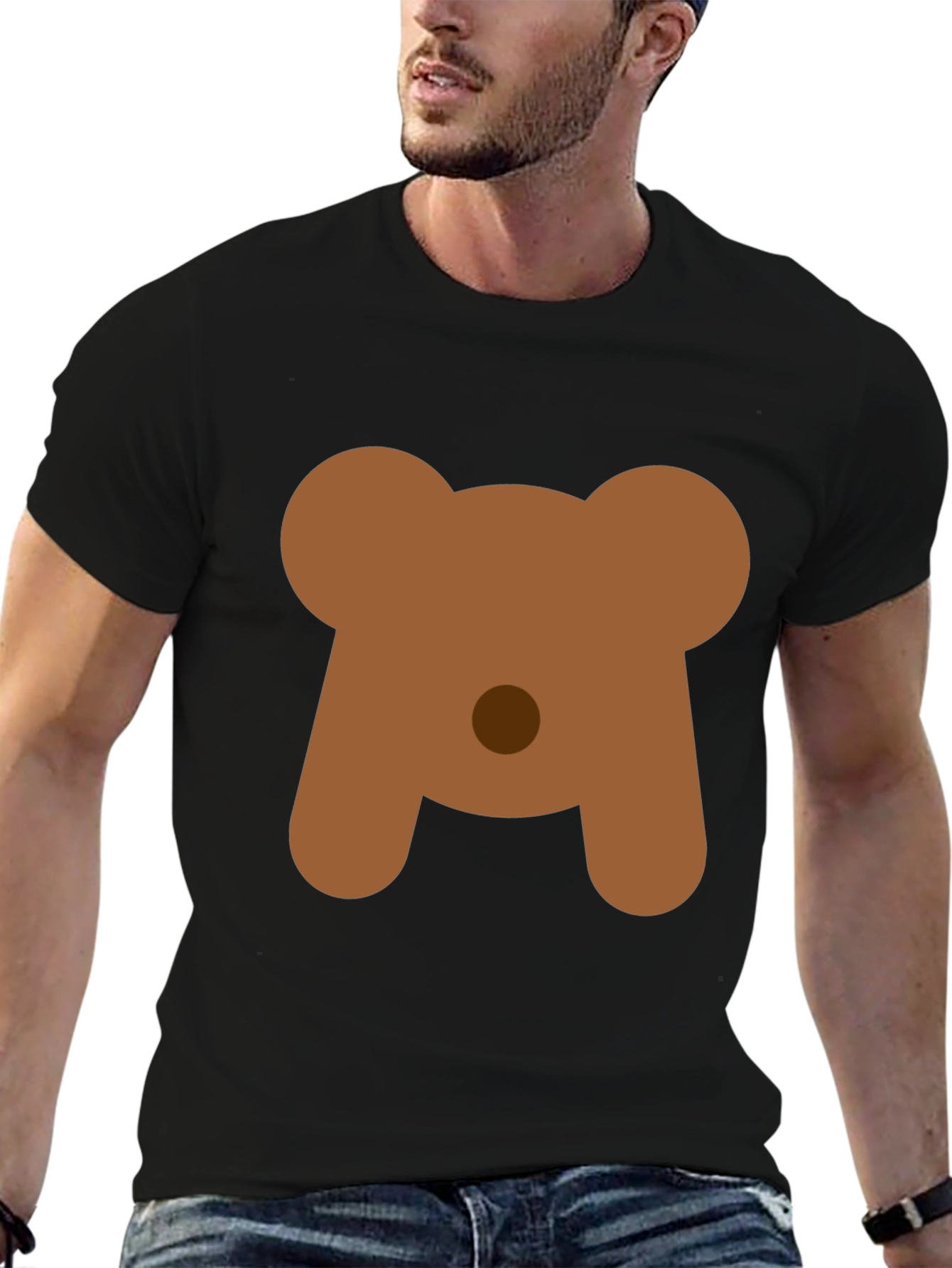Cute Bear Face Graphic Tee - Black Casual T-Shirt