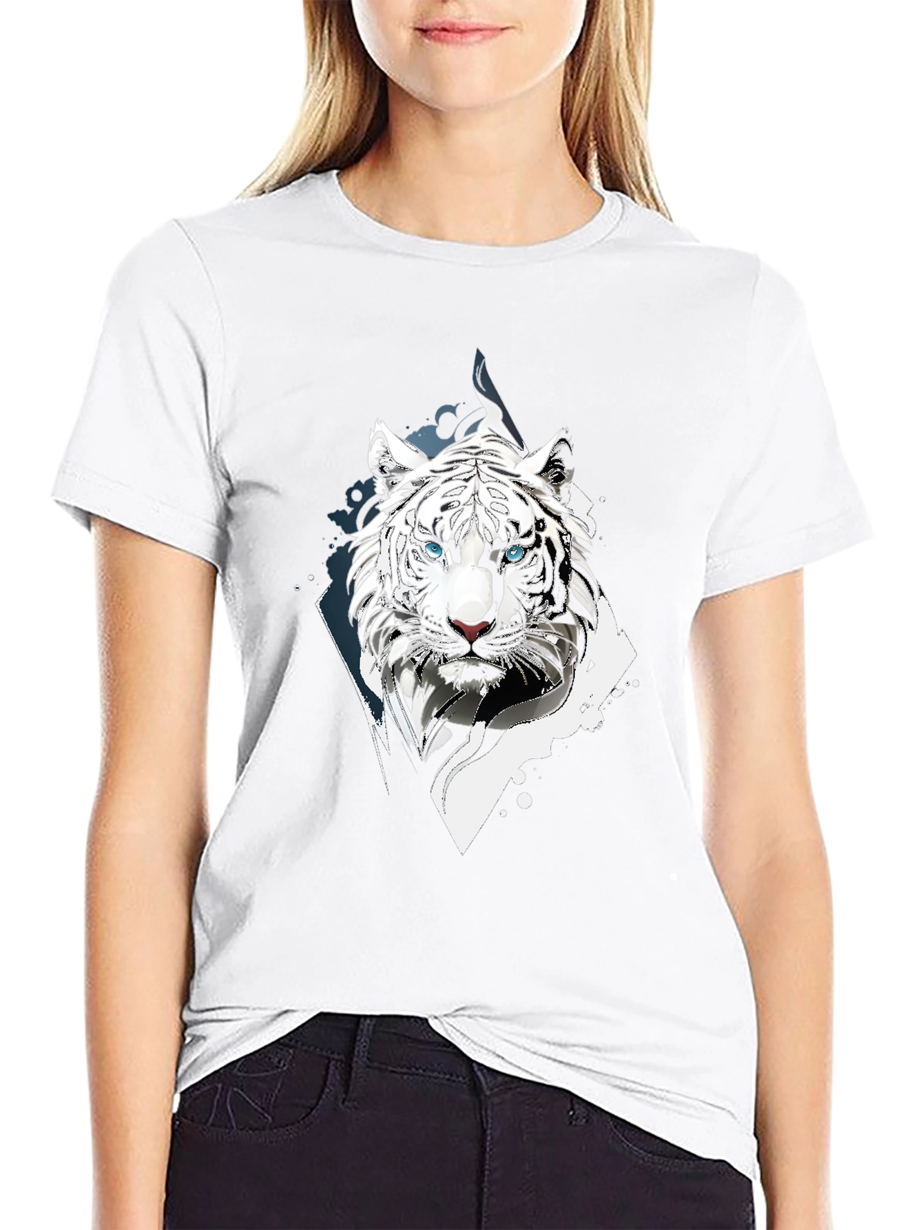 White Tiger Graphic Print Black T-Shirt