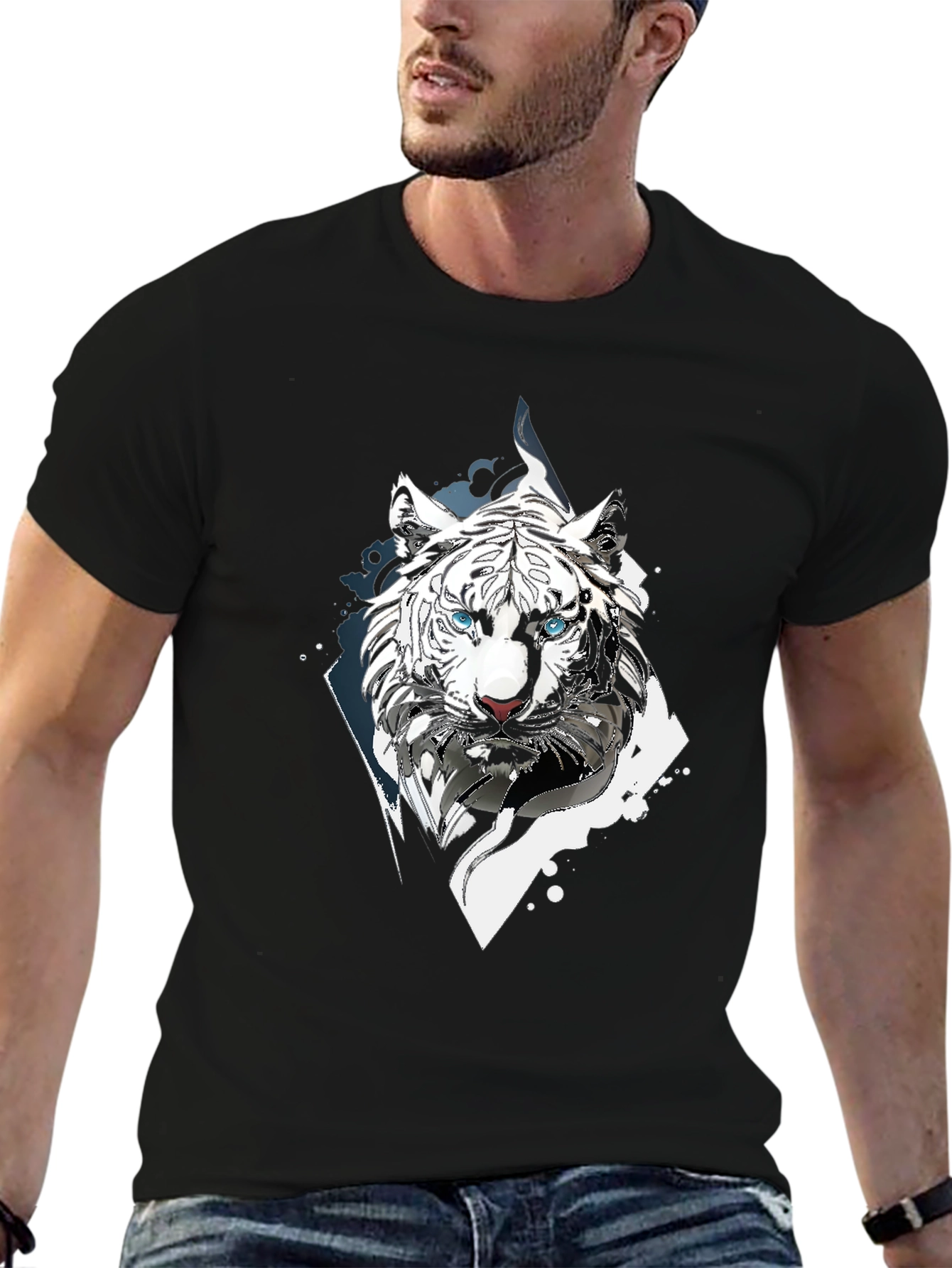 White Tiger Graphic Print Black T-Shirt