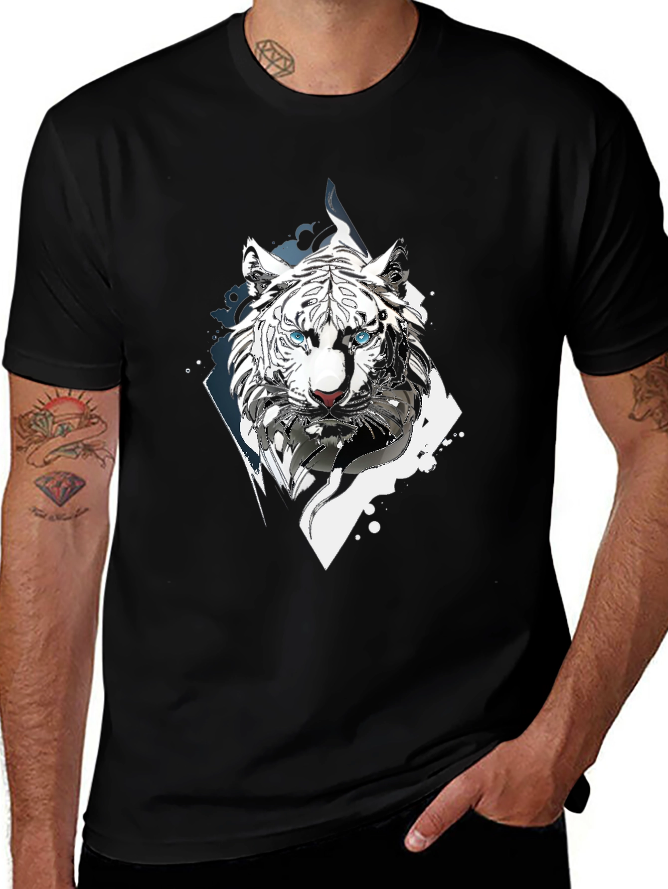 White Tiger Graphic Print Black T-Shirt