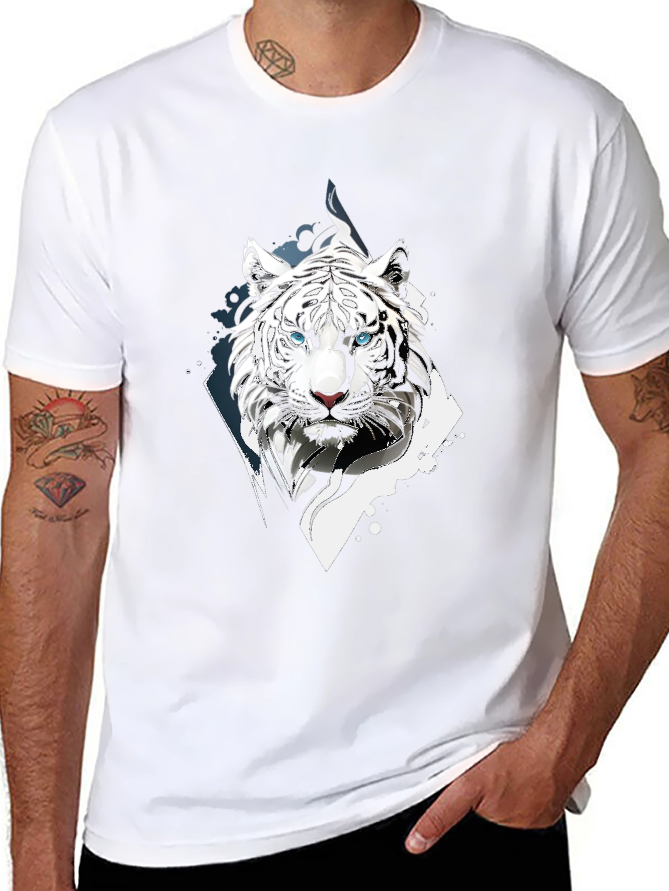 White Tiger Graphic Print Black T-Shirt