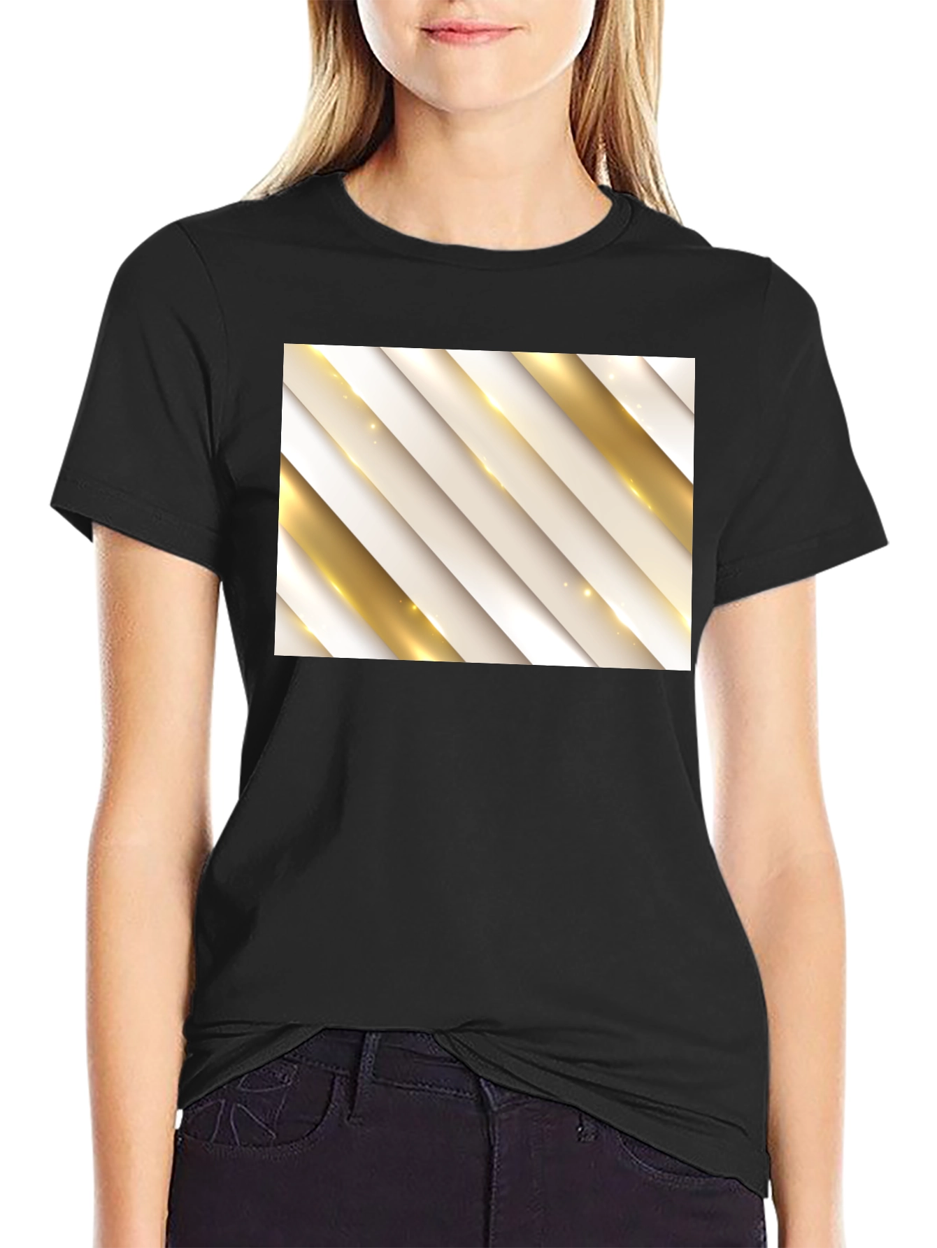 Stylish Black Tee with Abstract Gold Stripe Design