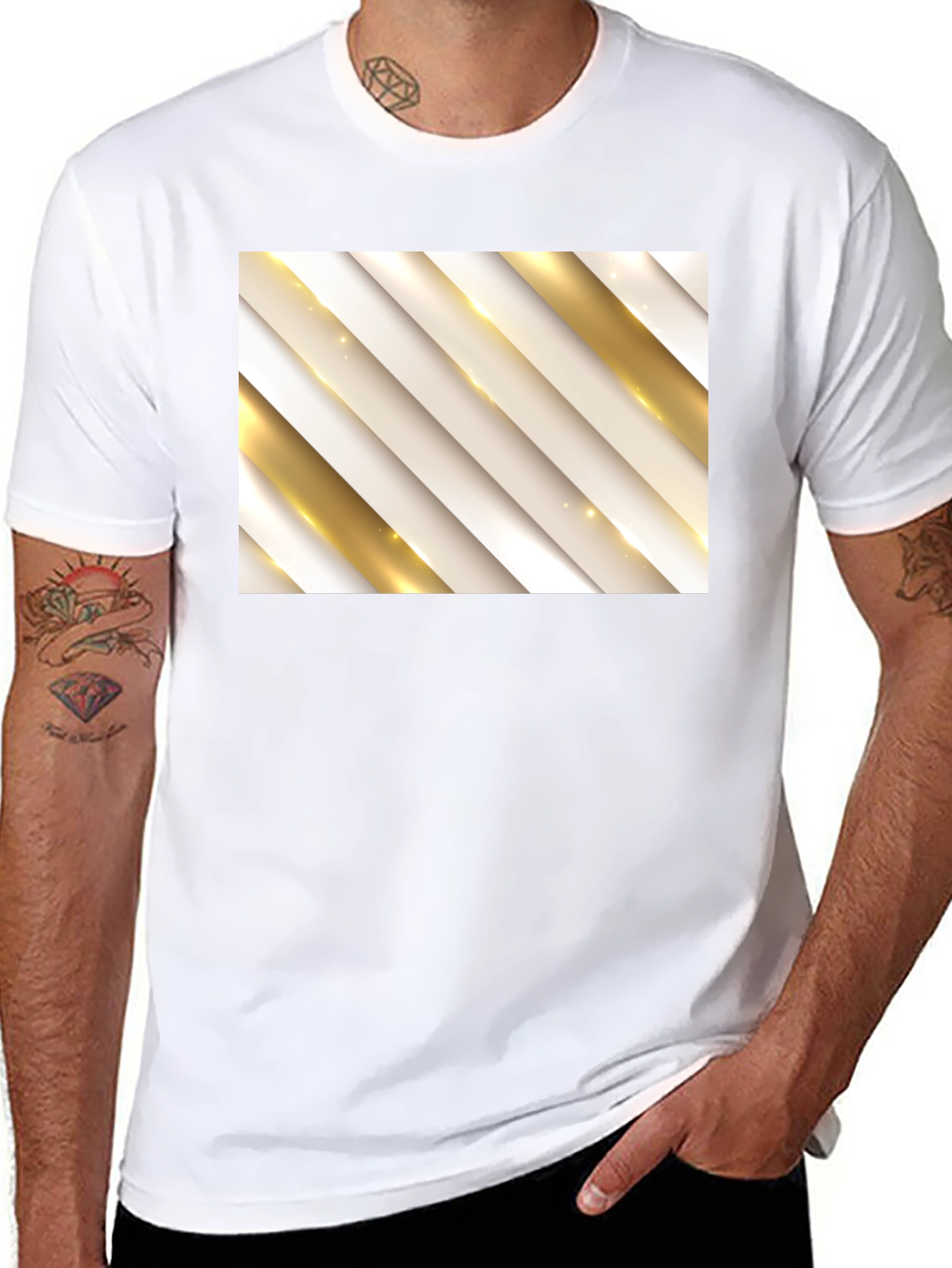 Stylish Black Tee with Abstract Gold Stripe Design
