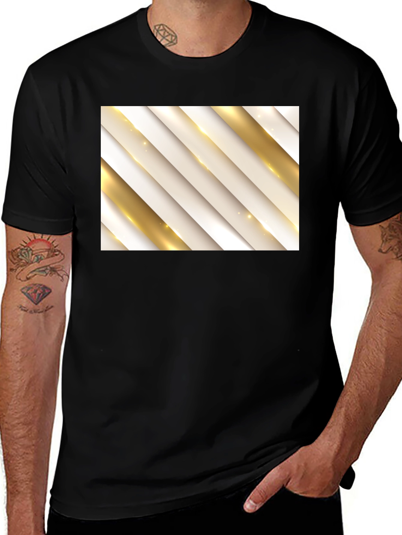 Stylish Black Tee with Abstract Gold Stripe Design