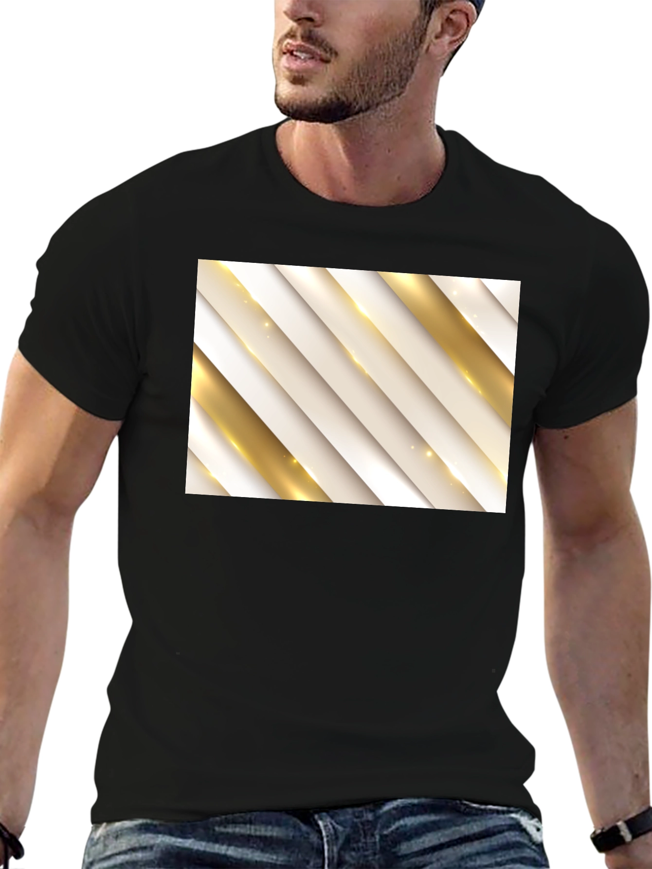 Stylish Black Tee with Abstract Gold Stripe Design