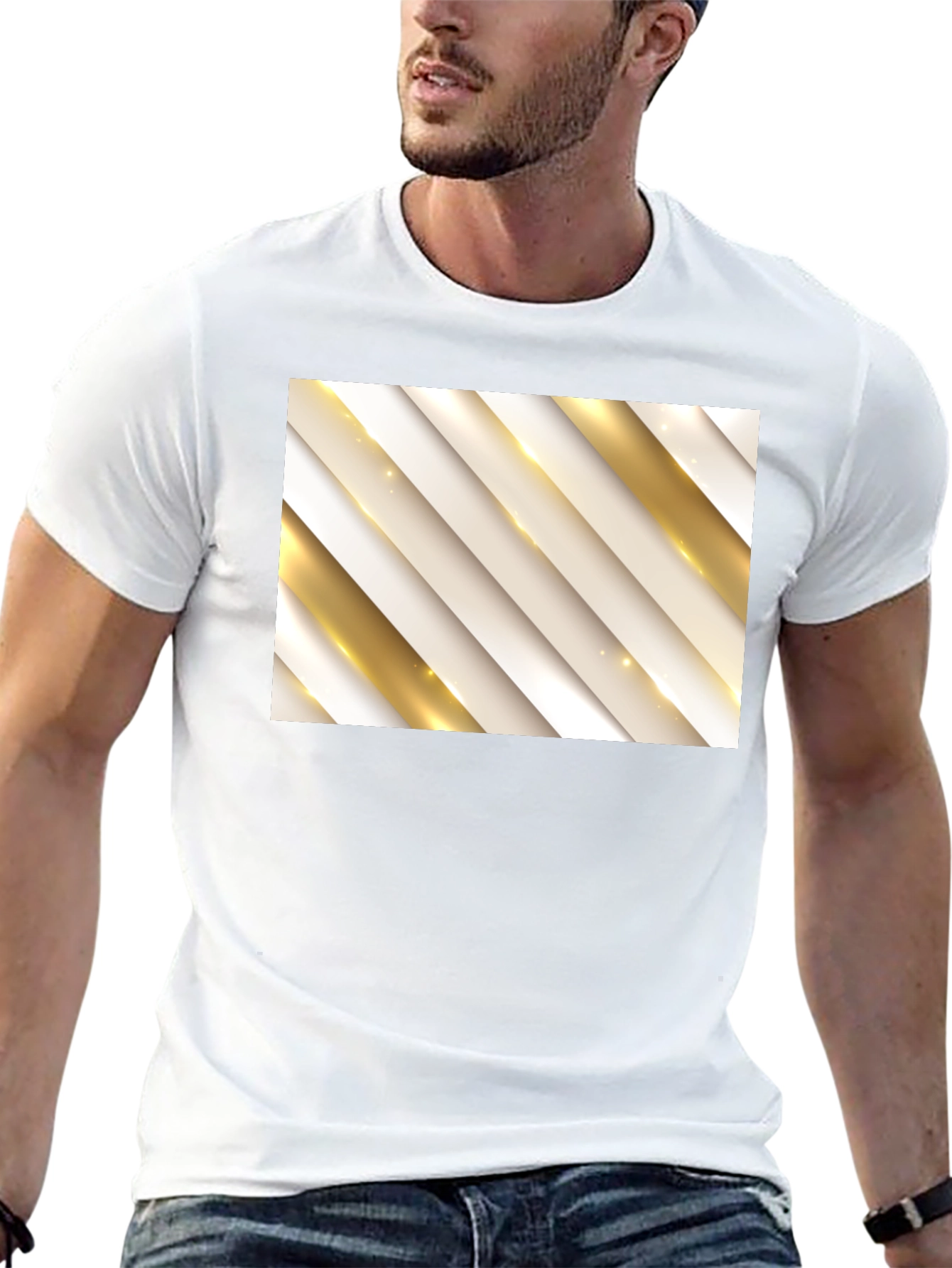 Stylish Black Tee with Abstract Gold Stripe Design