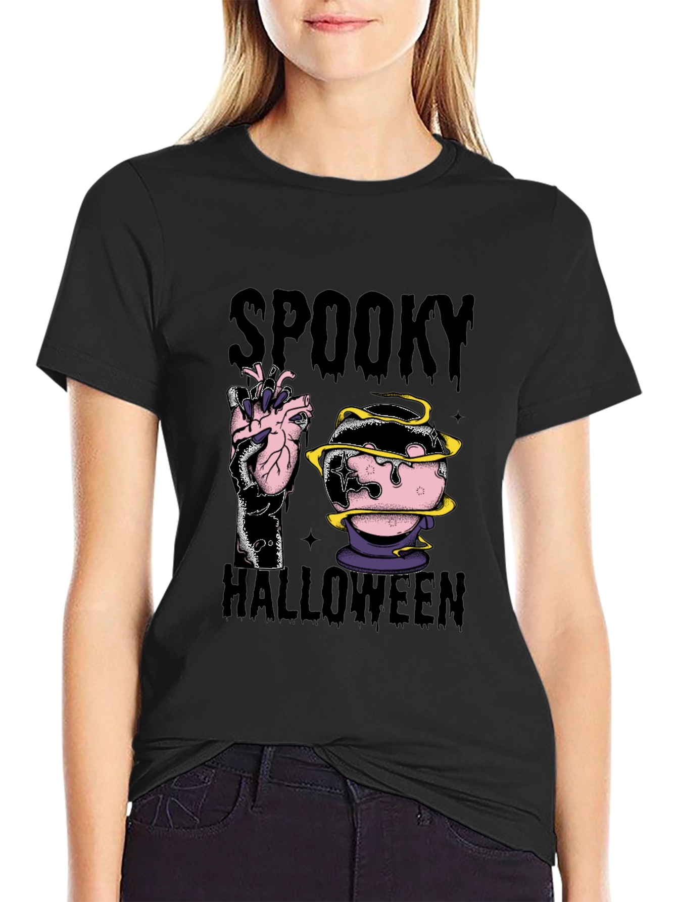 Spooky Halloween Graphic Tee - Black Cotton Blend