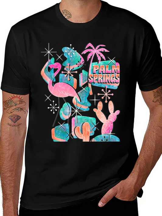 Retro Palm Springs Graphic Tee - Flamingo Cactus Desert Style