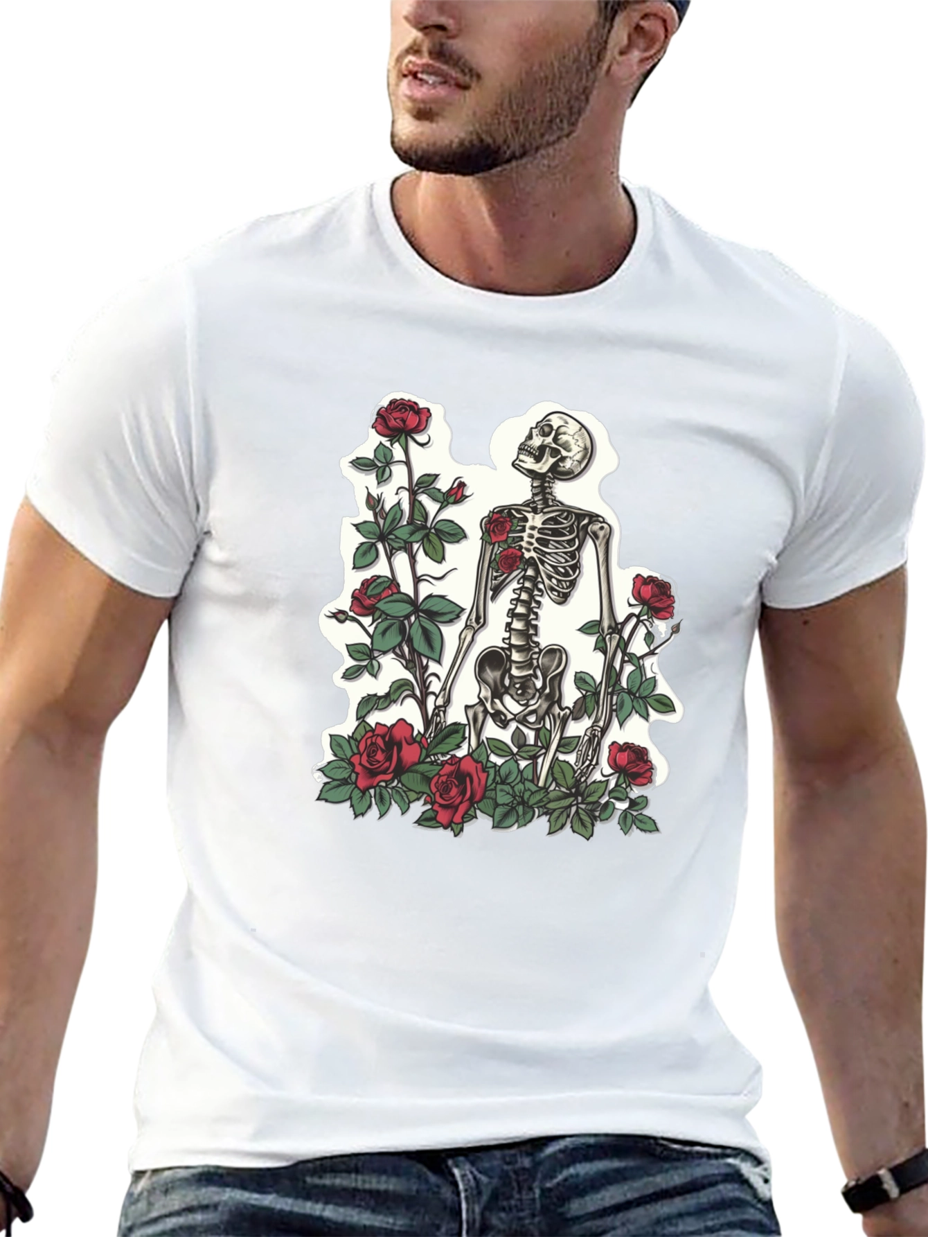 Skeleton & Roses Graphic T-Shirt - Stylish Mens Tee