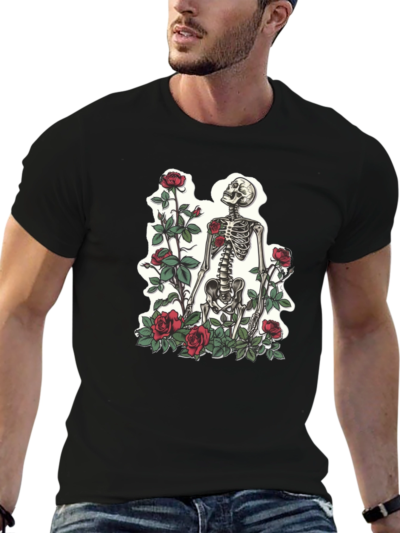 Skeleton & Roses Graphic T-Shirt - Stylish Mens Tee